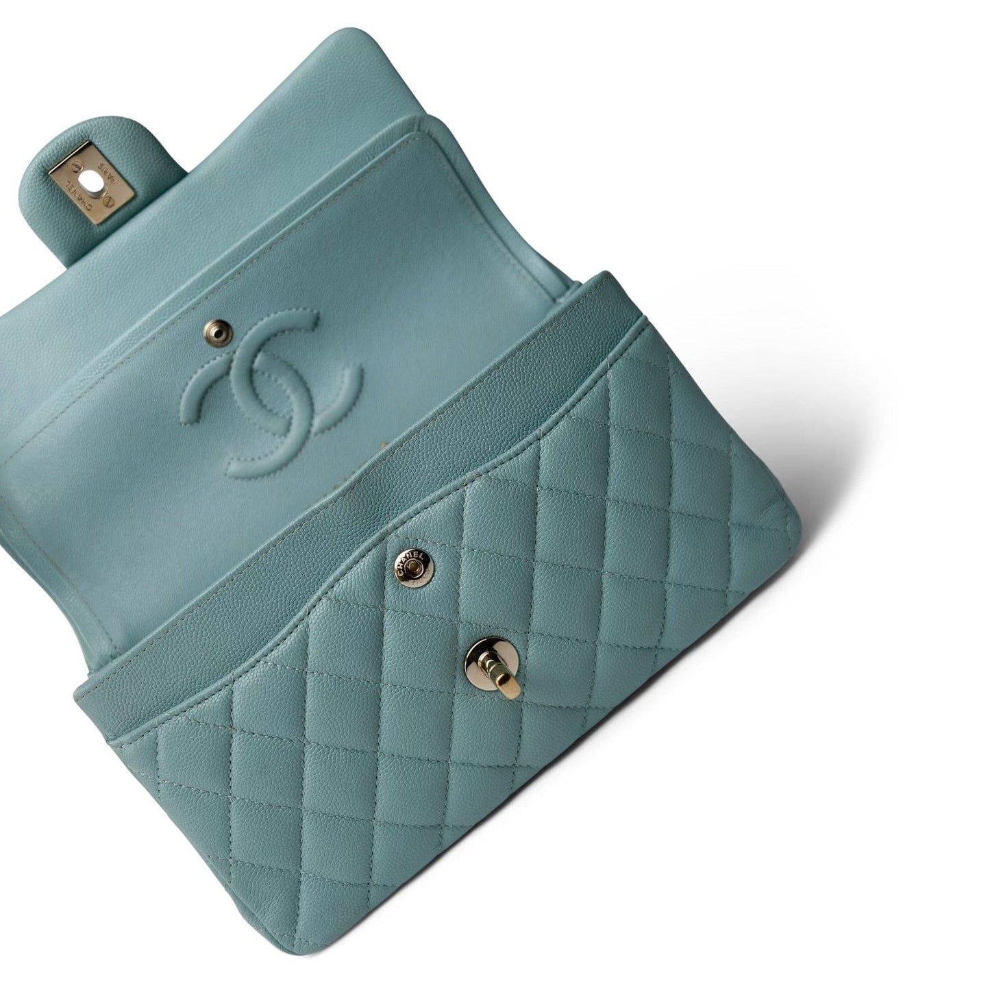 20c Tiffany Blue Caviar Quilted Classic Flap Small Light Gold Hardware