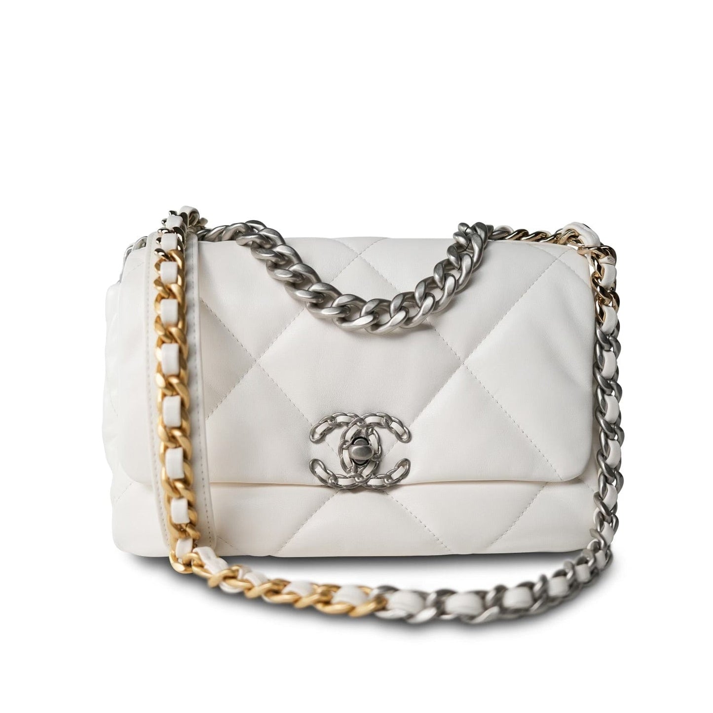 22S White Lambskin Quilted 19 Flap Small Mixed Hardware