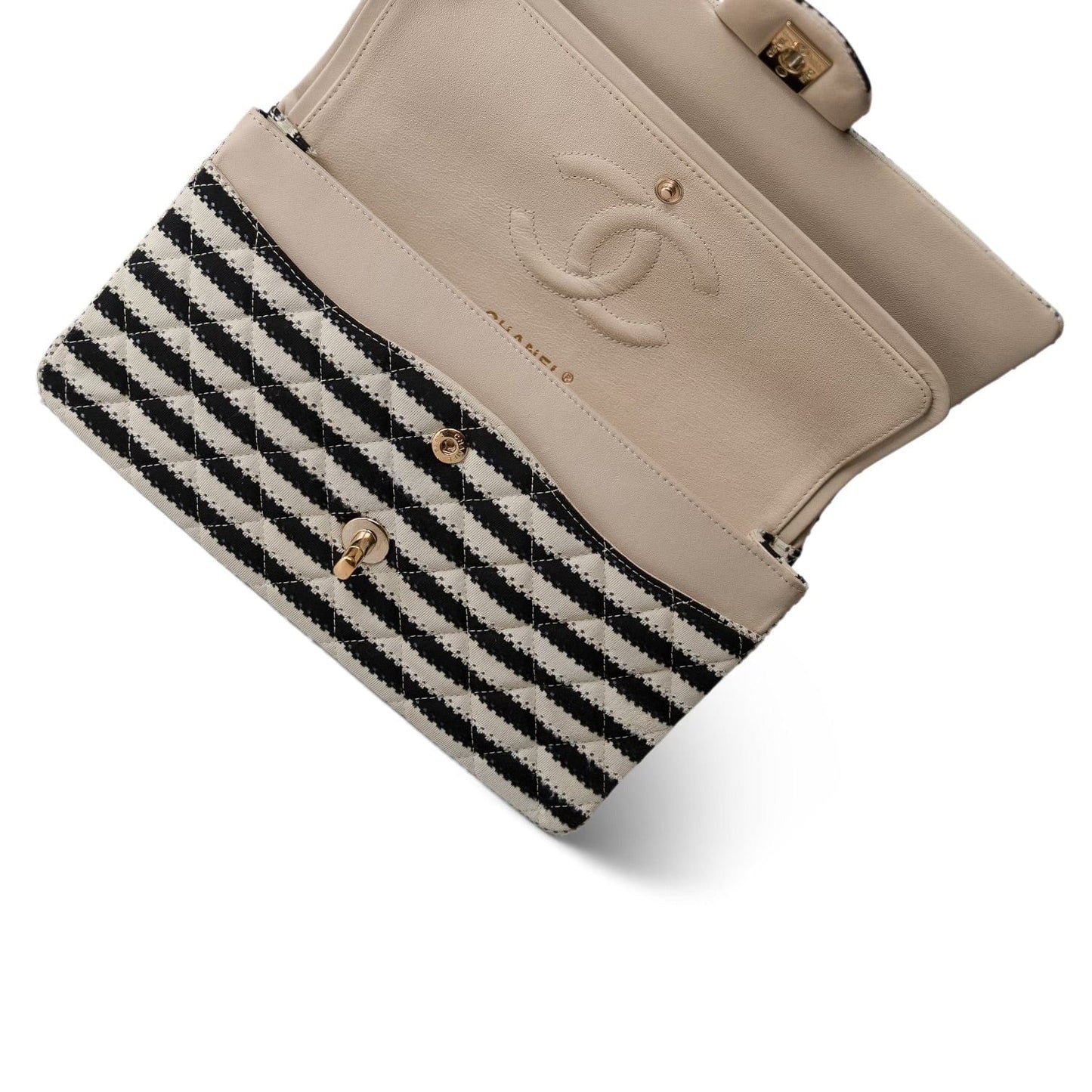 Ivory/Black Striped Coco Sailor Pearl Classic Flap Bag Gold Hardware