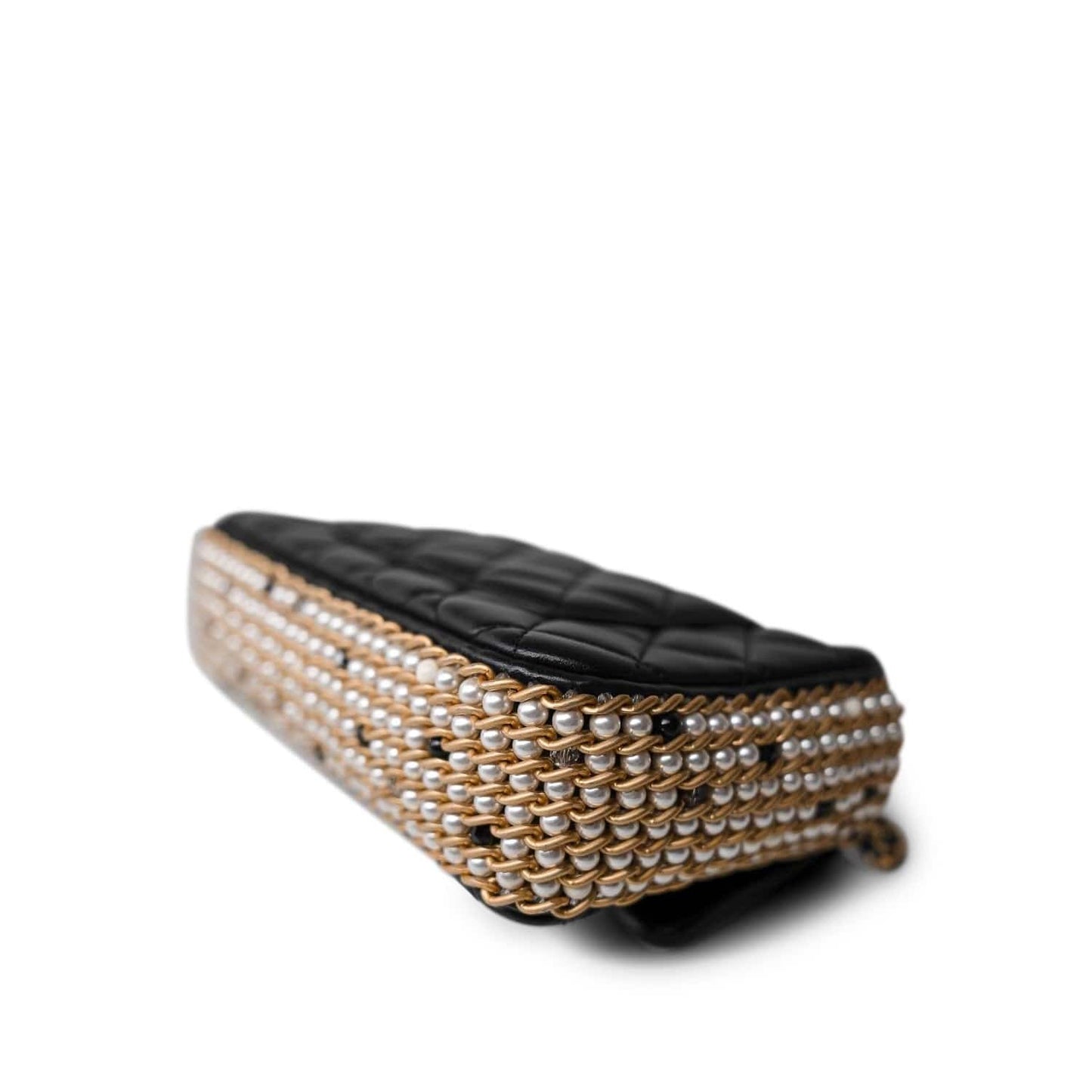 Black Lambskin Quilted Mini River of Pearls Flap Bag Aged Gold Hardware