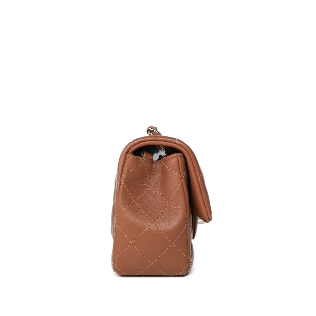 22S Caramel Lambskin Quilted Mini Rectangular Flap Light Gold Hardware