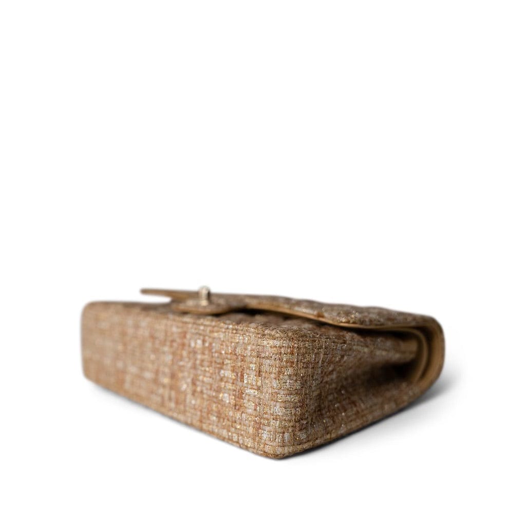 Bronze Gold Silver Tweed Quilted Beige Classic Flap Medium