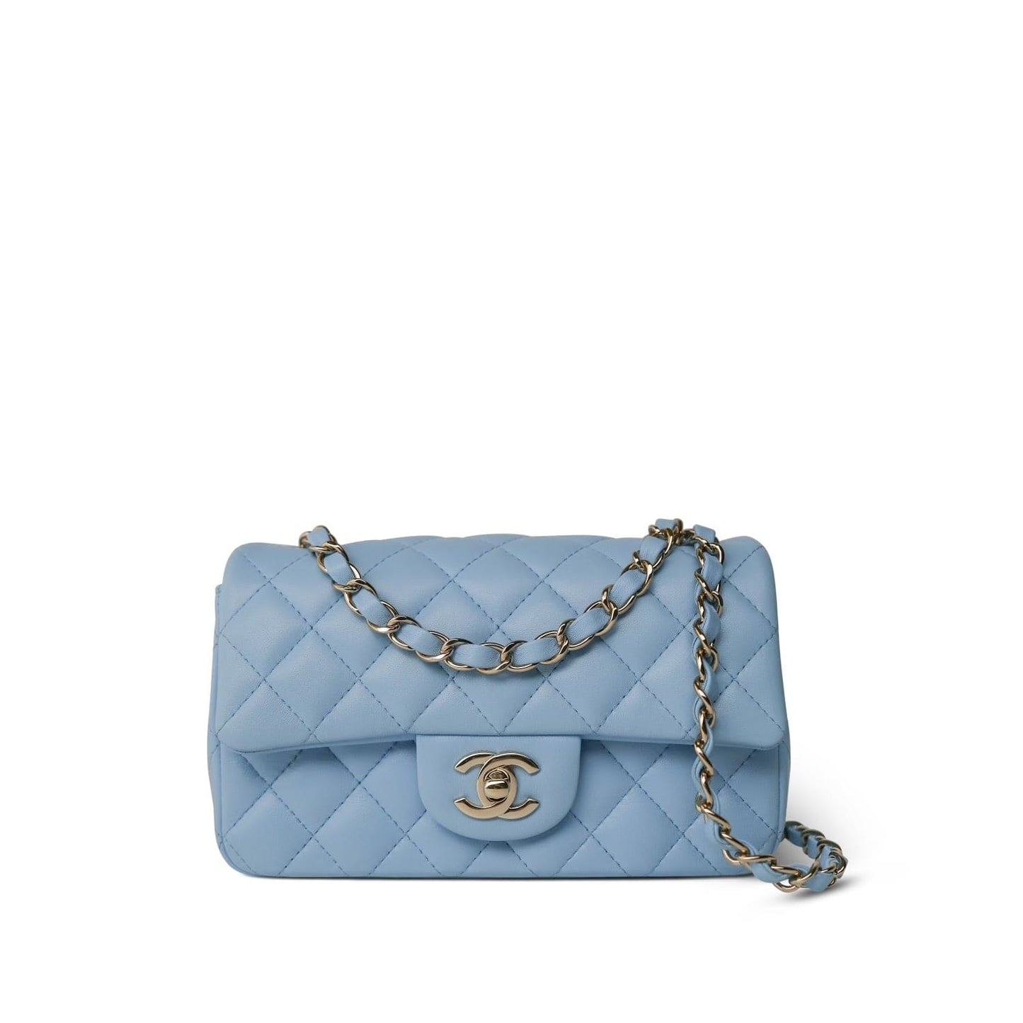 Light Blue Lambskin Quilted Mini Rectangular Flap LGHW