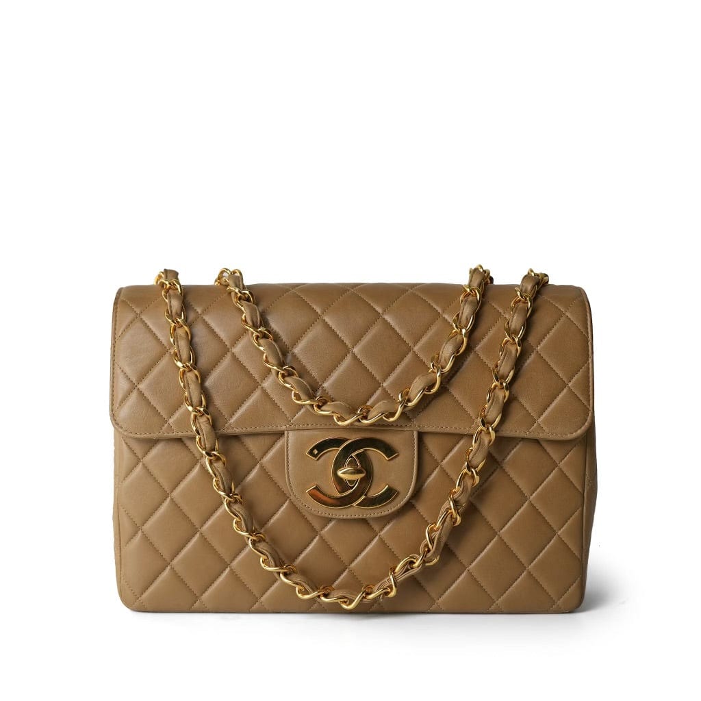 Vintage Dark Beige Lambskin Quilted Classic Single Flap Jumbo GHW