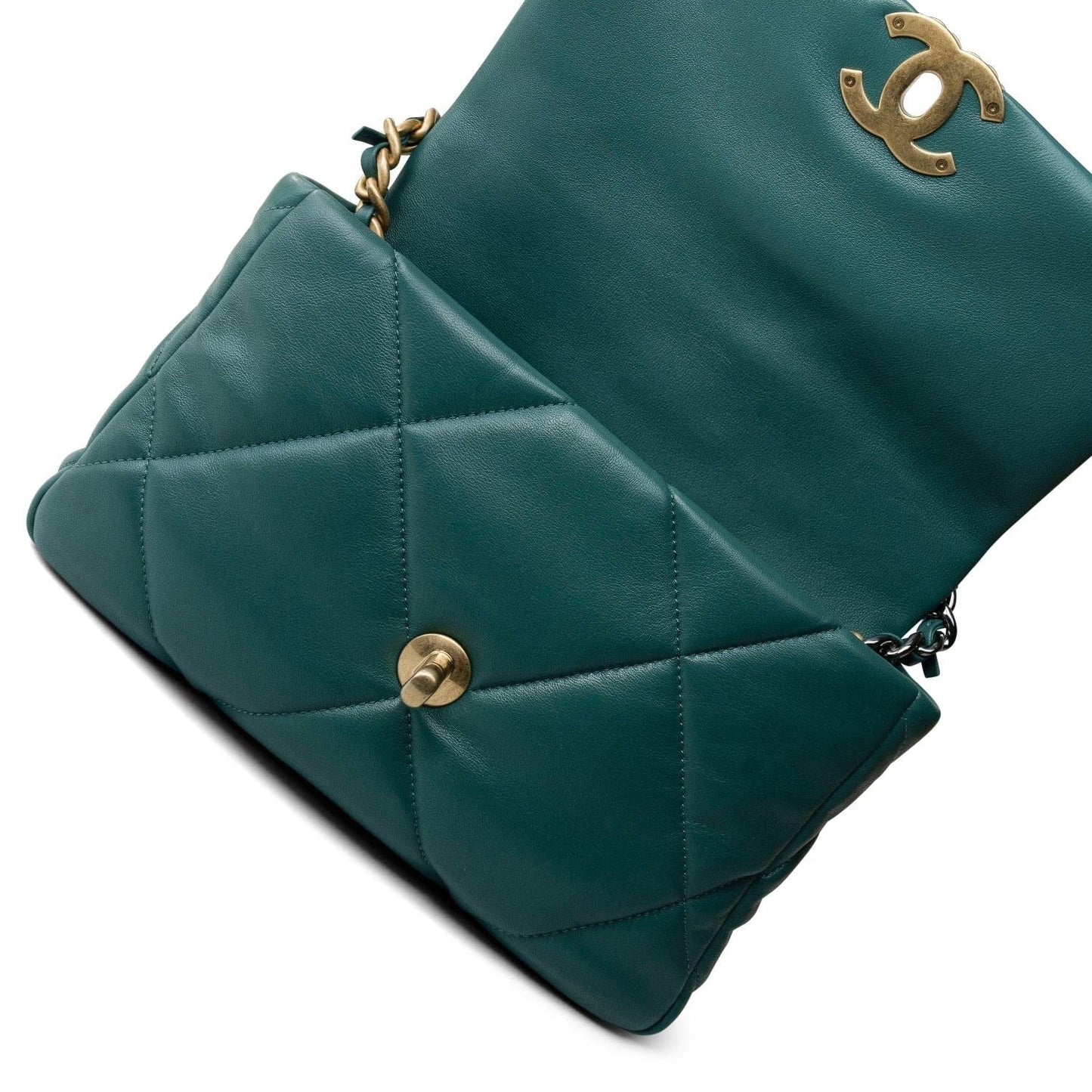 21A Dark Green Lambskin Quilted 19 Flap Small Mixed Hardware