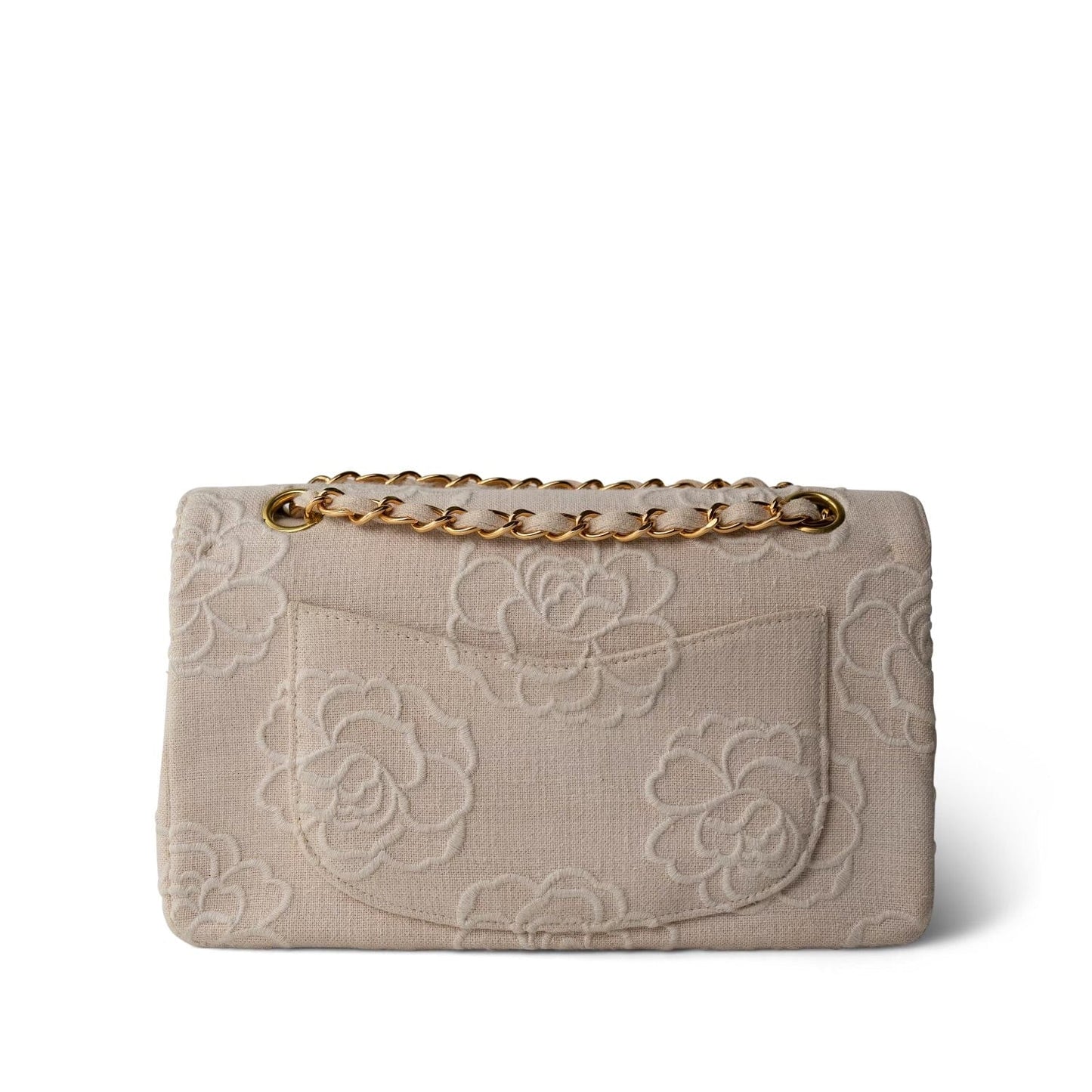 Ivory Canvas Camellia Classic Double Flap Gold Hardware
