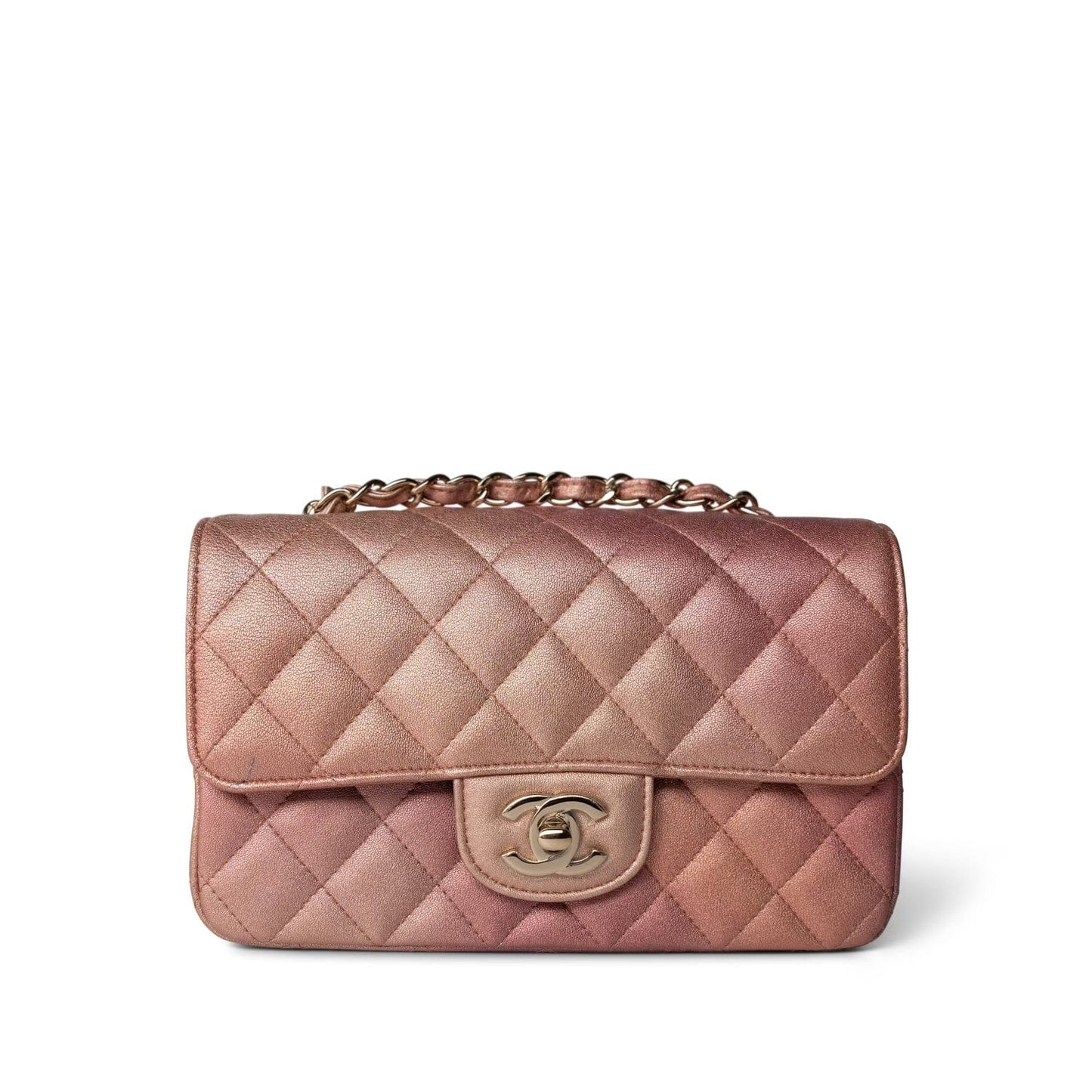 21S Metallic Rose Gold Grained Lambskin Quilted Mini Rectangular Flap