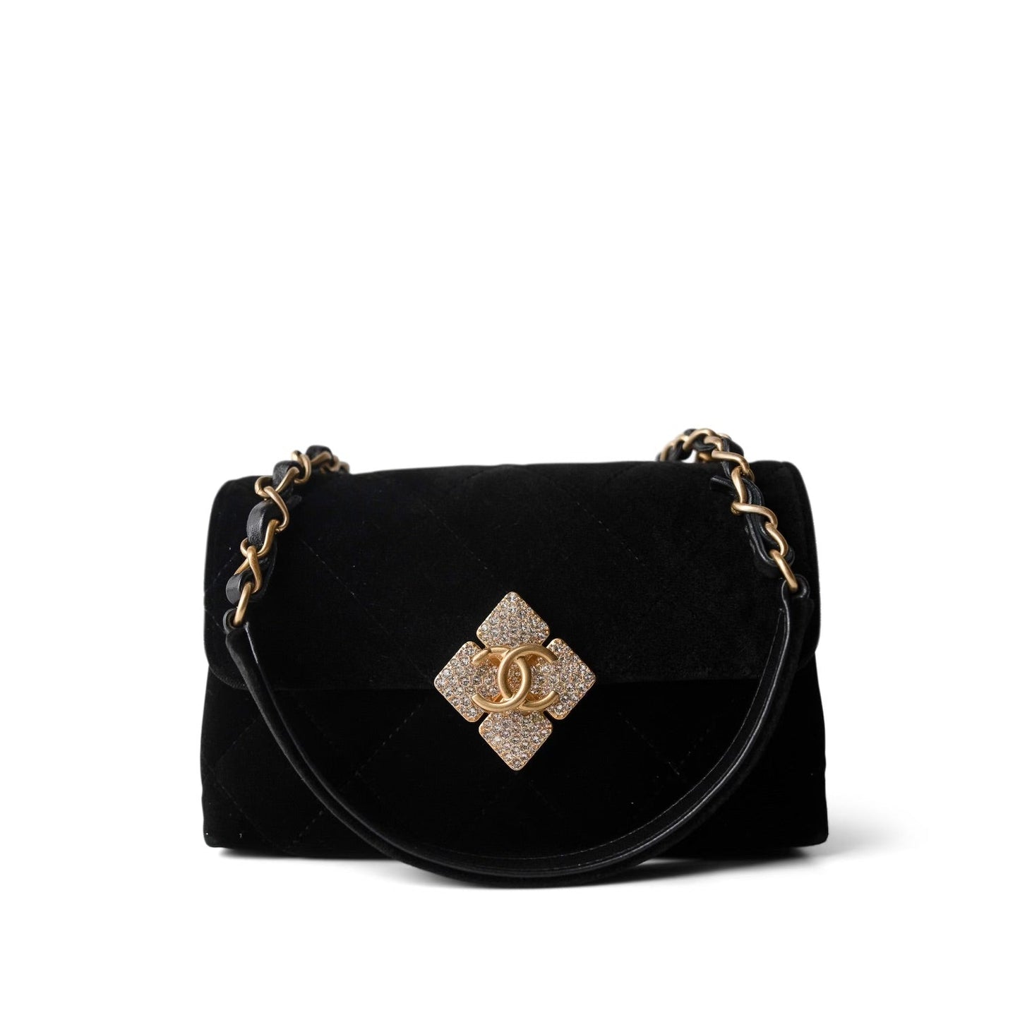 Black Velvet Strass Evening Bag Diamond Lock Flap Bag Aged GHW