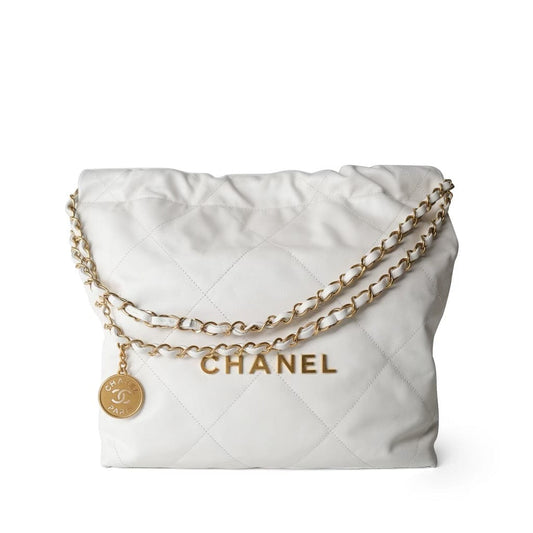 23C White Calfskin Quilted 22 Hobo Bag Small Aged Gold Hardware