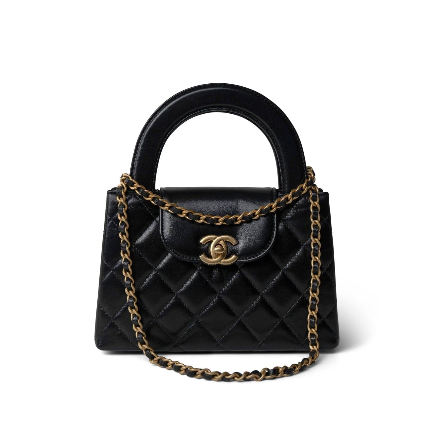 24P Black Shiny Aged Calfskin Nano Kelly Shopper Aged Gold Hardware