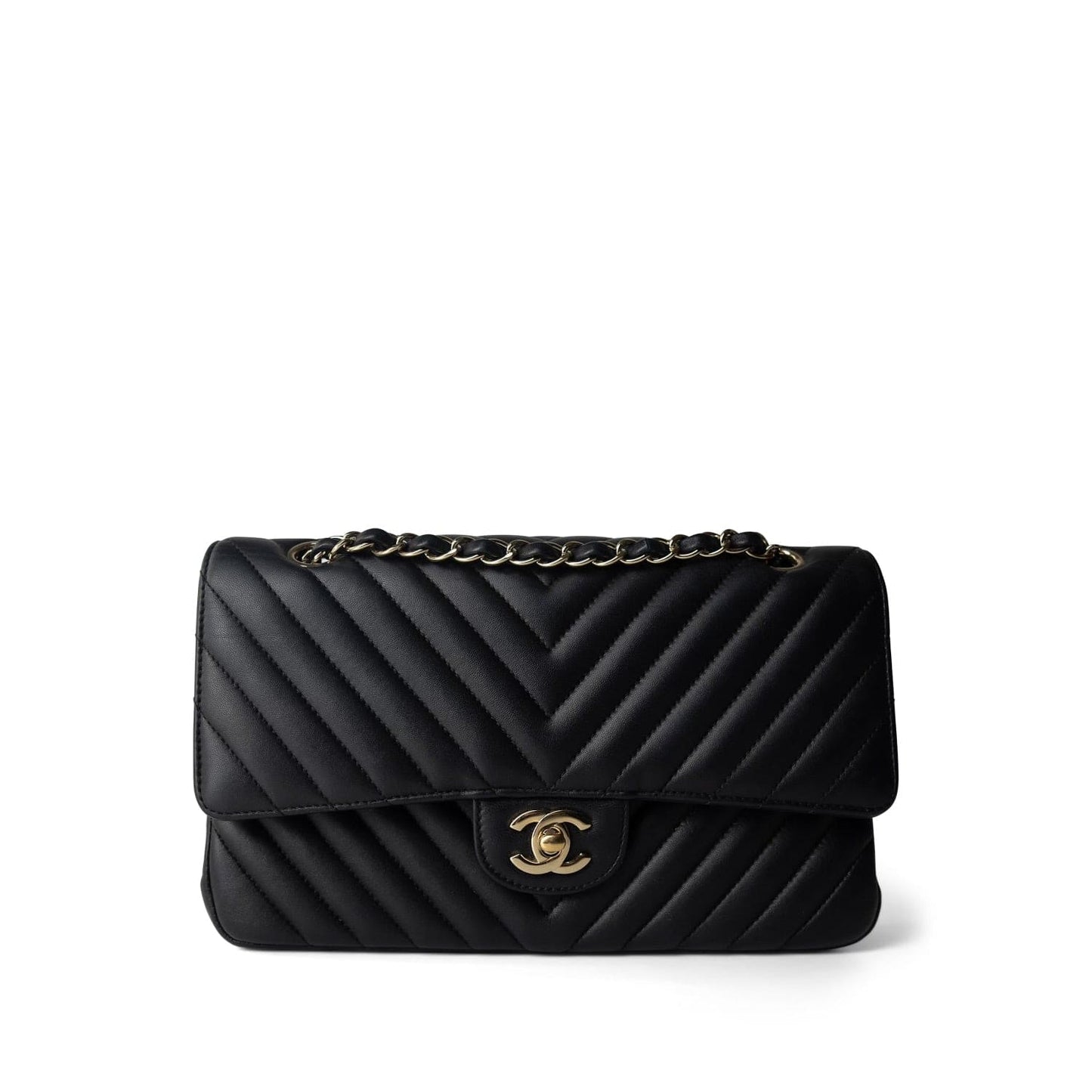 Black Lambskin Chevron Medium Classic Flap Light Gold Hardware