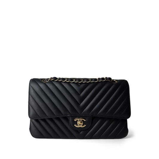 Black Lambskin Chevron Medium Classic Flap Light Gold Hardware