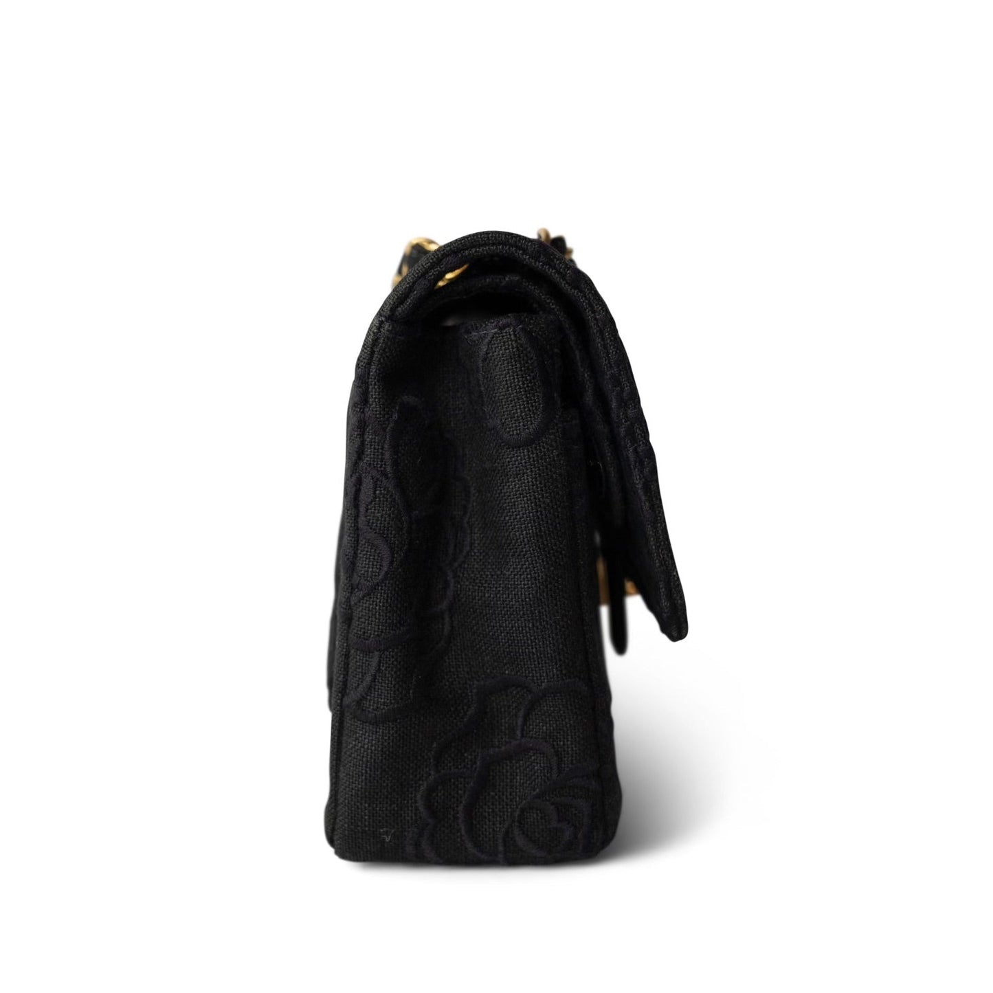 (SOLD!!!) Vintage Black Canvas Camellia Classic Small Double Flap Gold Hardware