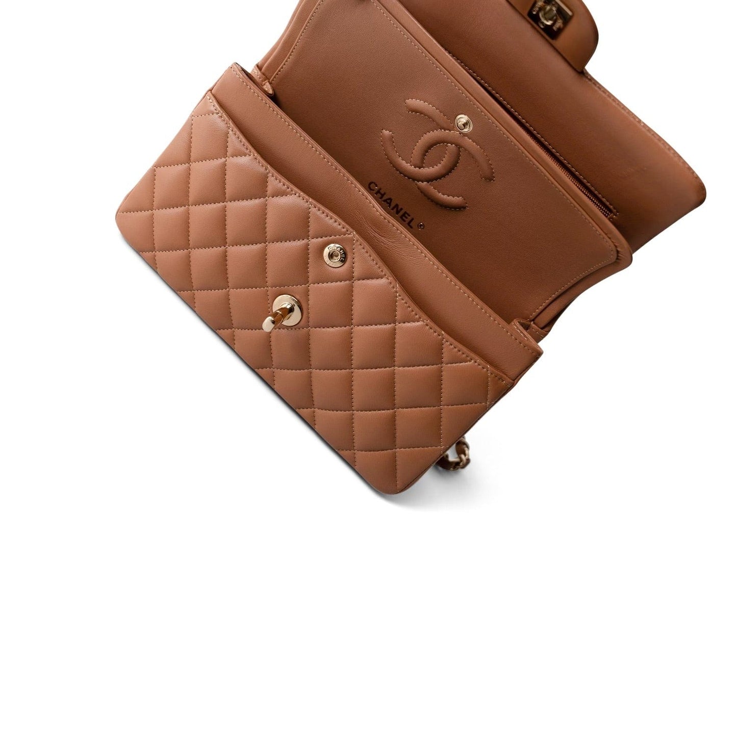 22S Caramel Lambskin Quilted Classic Flap Small Light Gold Hardware