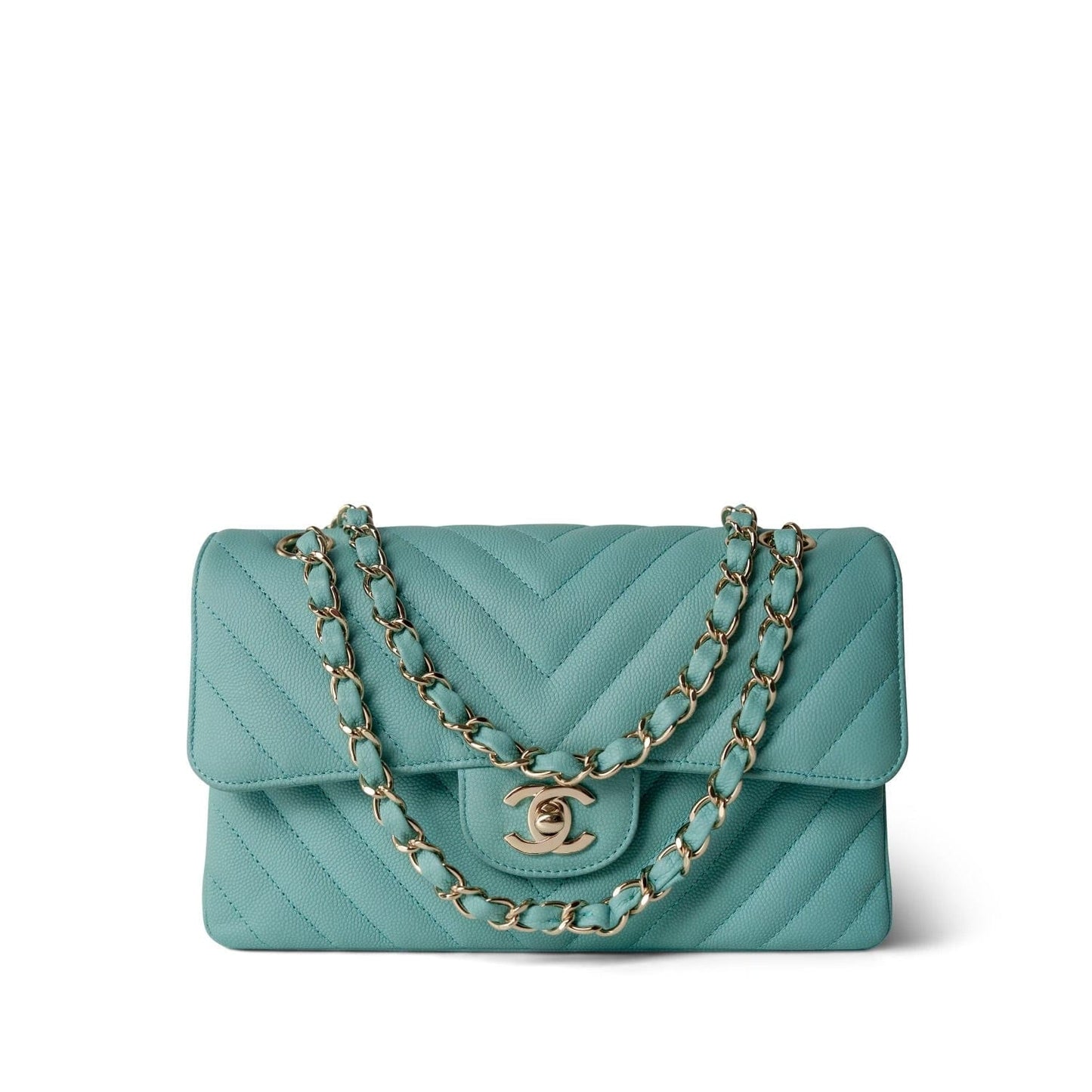 Tiffany Blue Caviar Chevron Quilted Classic Flap Small LGHW