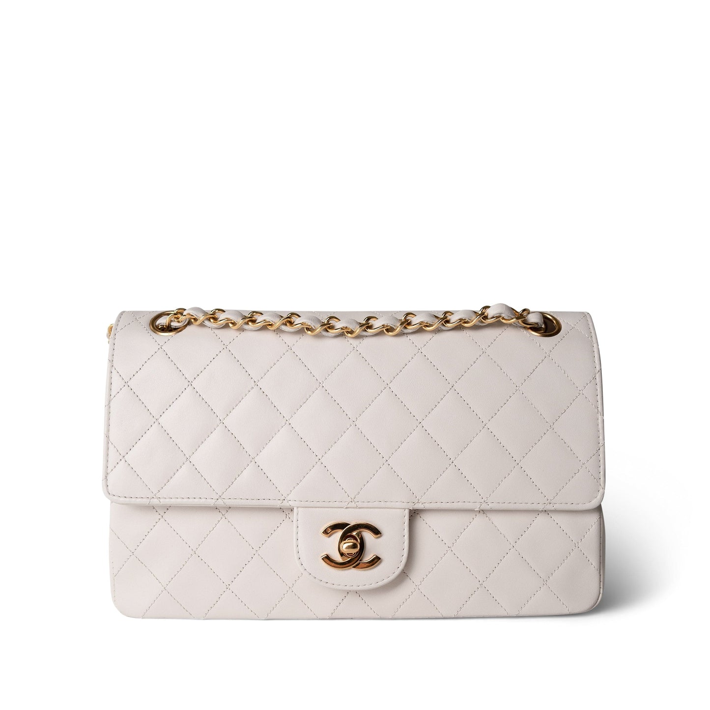 Vintage White Lambskin Quilted Double Flap Medium GHW