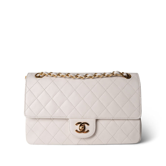 Vintage White Lambskin Quilted Double Flap Medium GHW