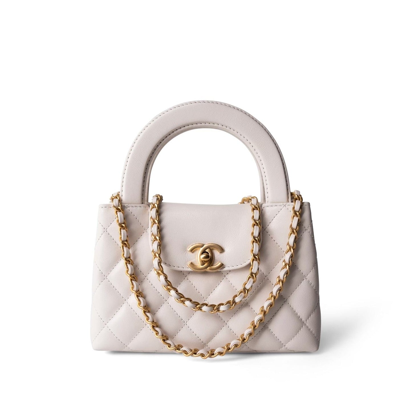 24P Shiny Aged Calfskin Quilted Nano Kelly Shopper White Antique Gold Hardware