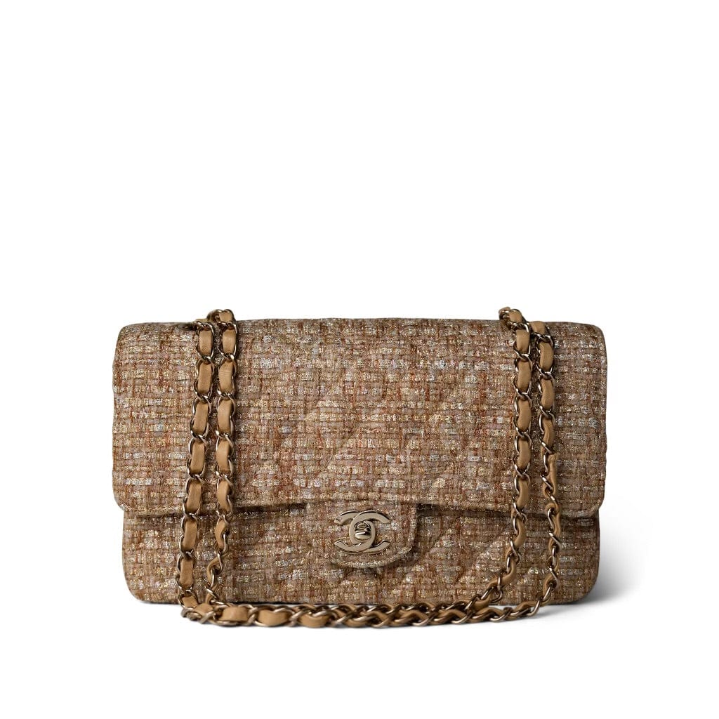 Bronze Gold Silver Tweed Quilted Beige Classic Flap Medium