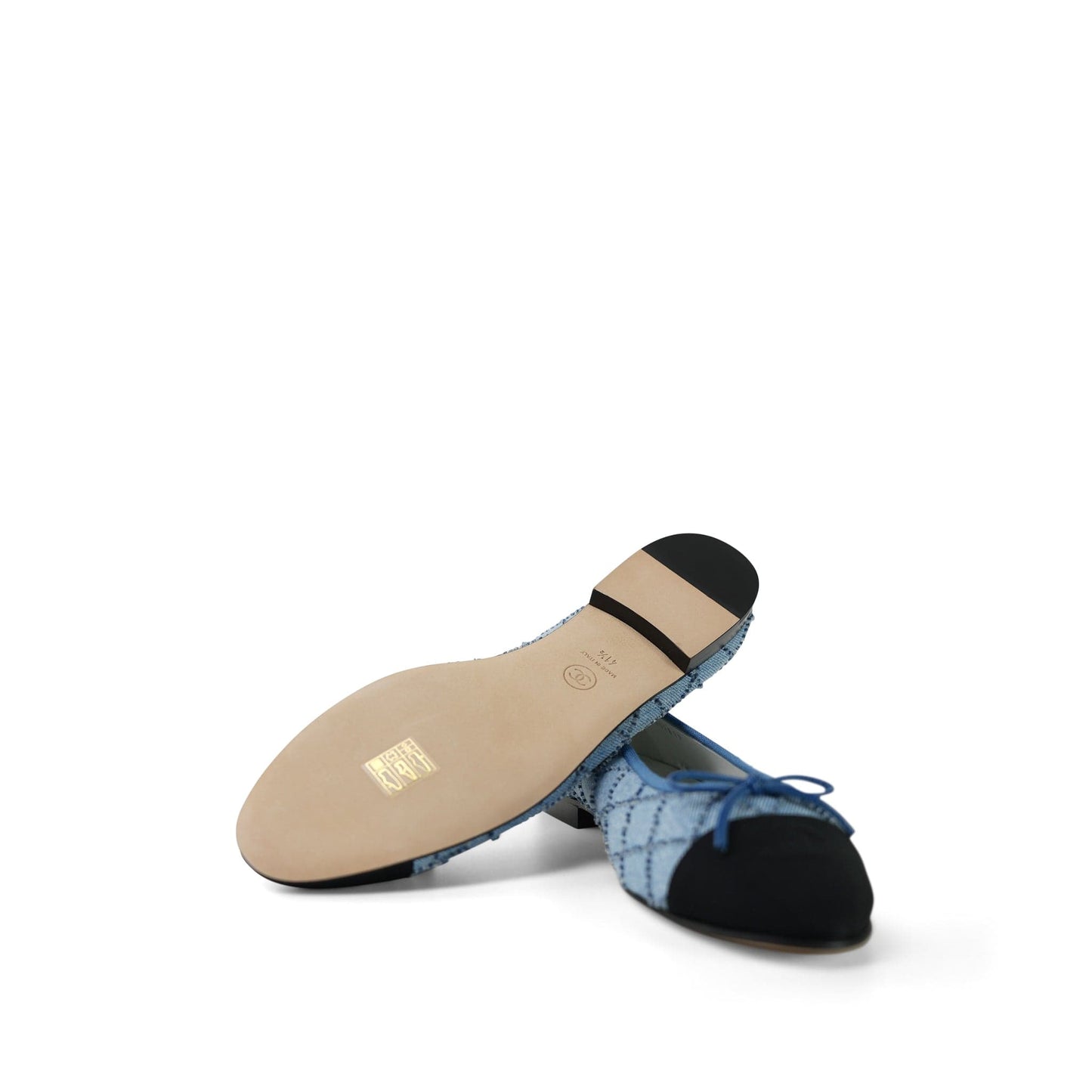 23P Blue Denim Embroidered Grosgrain Cap Toe CC Ballerina Flats Size 41.5