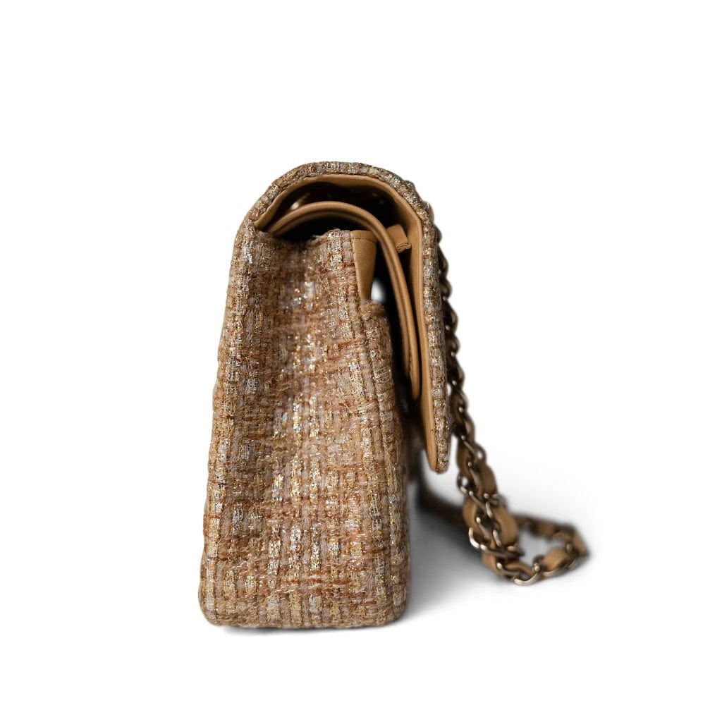 Bronze Gold Silver Tweed Quilted Beige Classic Flap Medium