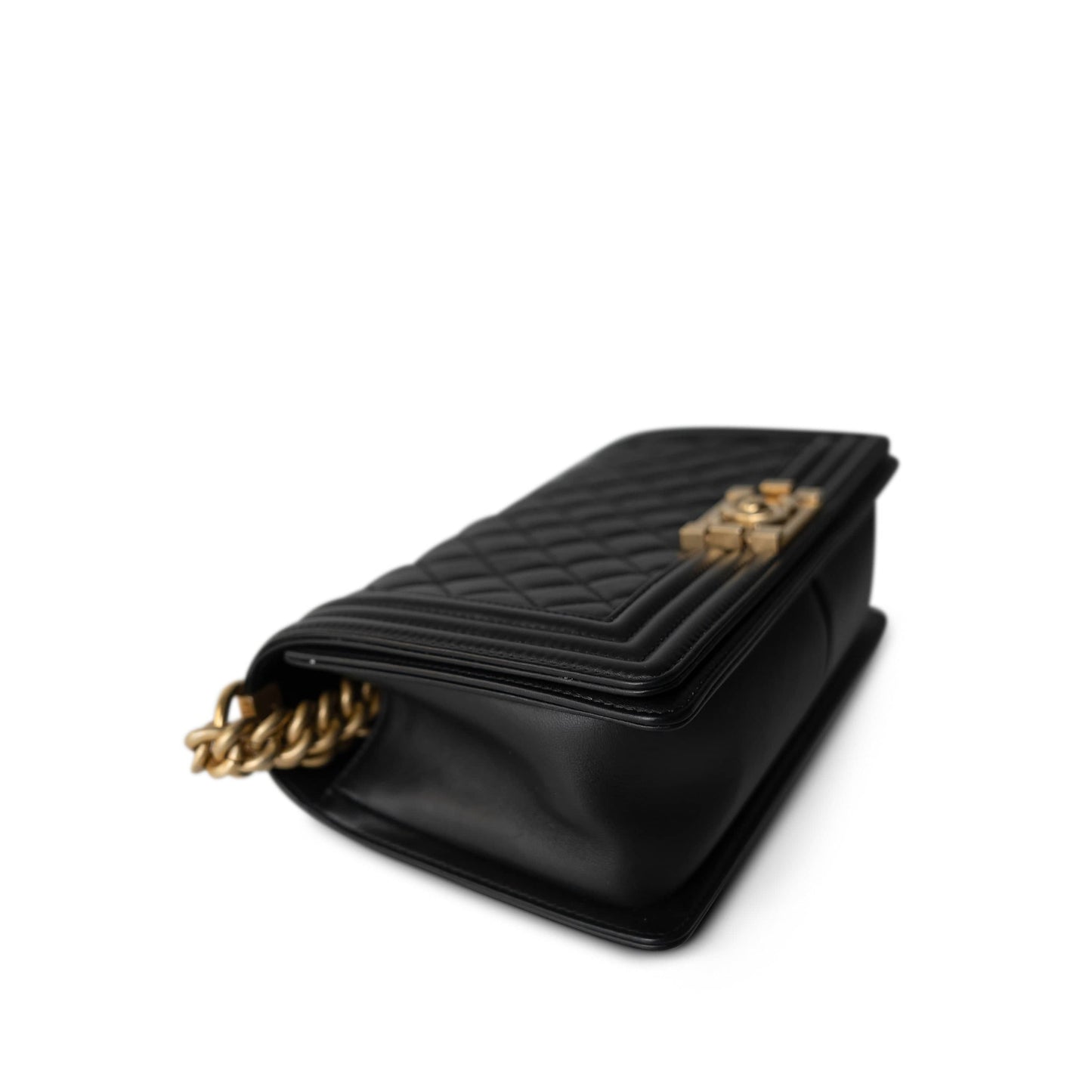 Black Calfskin Quilted Old Medium Boy Bag Aged Gold Hardware