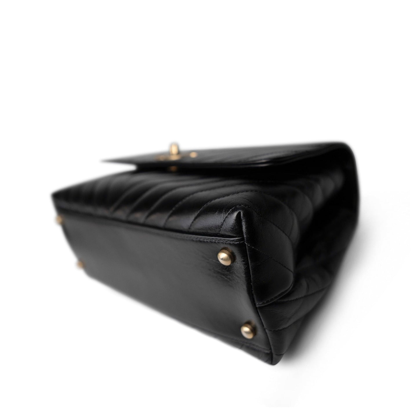 Black Chevron Calfskin Coco Handle Flap Medium (Old Small) Aged Gold Hardware