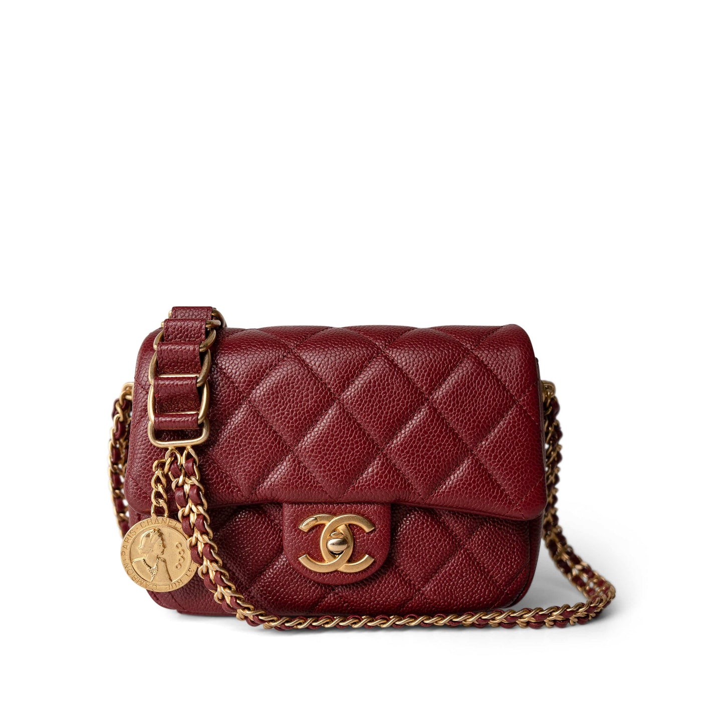 Burgundy Caviar Quilted Chain Medallion Flap Mini Antique Gold Hardware