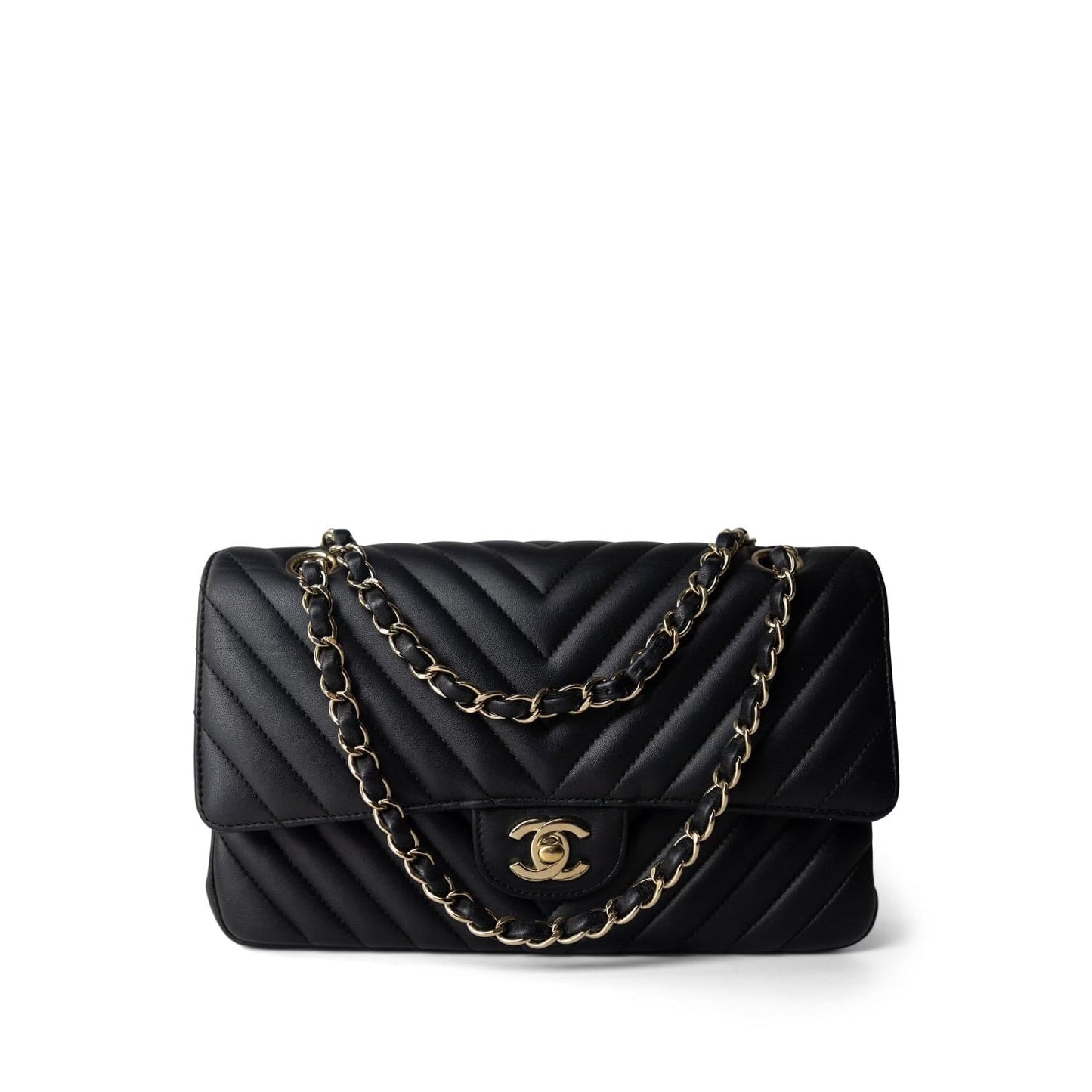 Black Lambskin Chevron Medium Classic Flap Light Gold Hardware