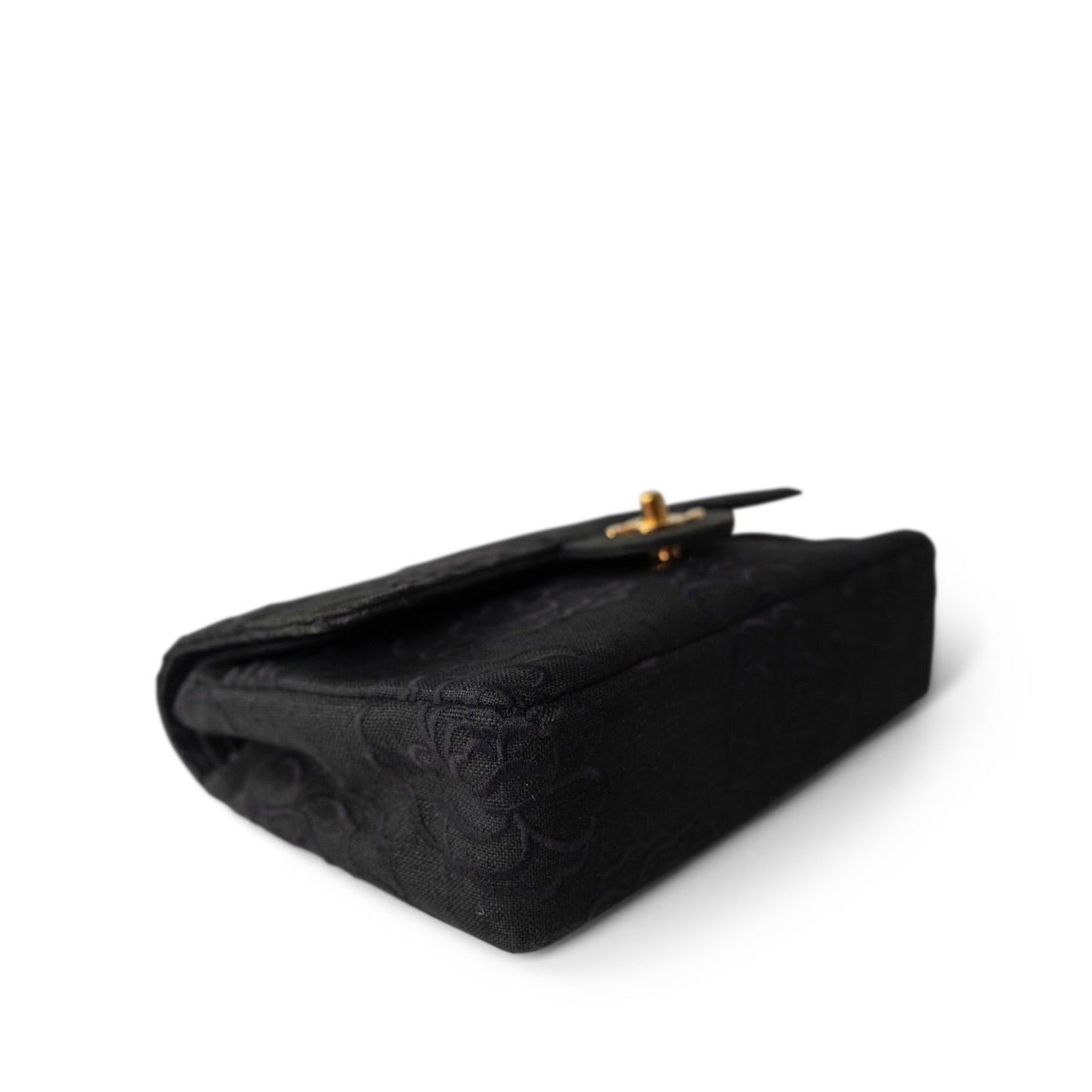 (SOLD!!!) Vintage Black Canvas Camellia Classic Small Double Flap Gold Hardware