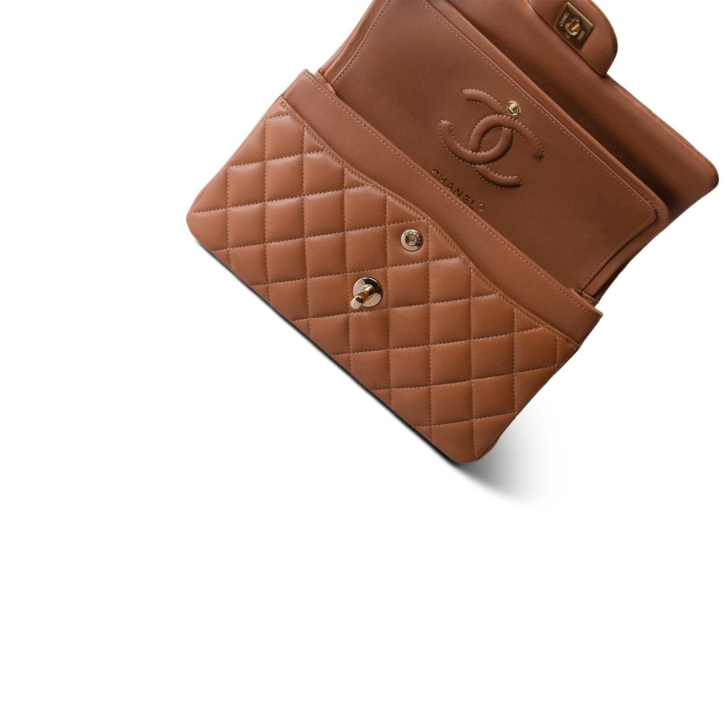 22S Caramel Lambskin Quilted Small Classic Flap Light Gold Hardware