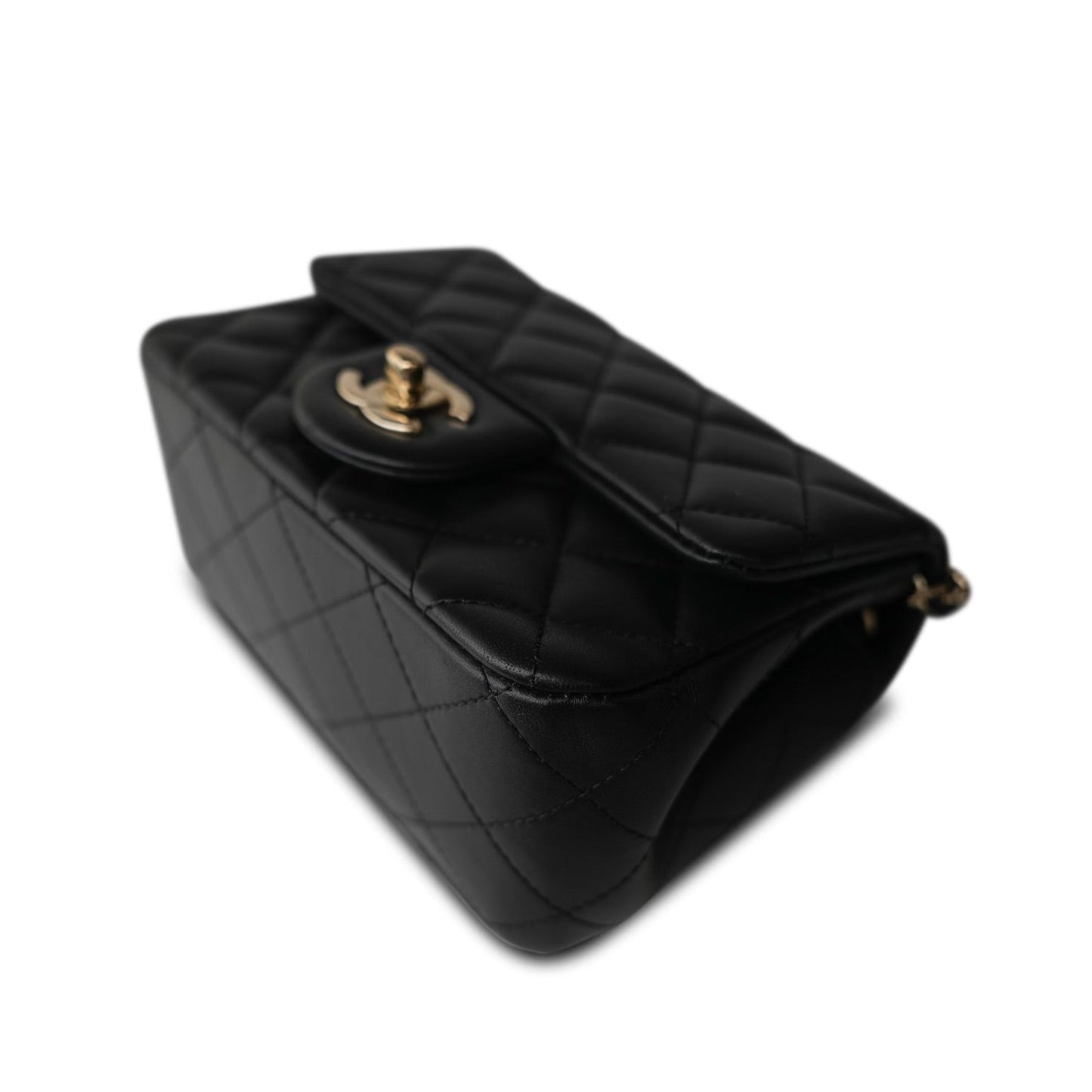 Black Lambskin Quilted Pearl Crush Mini Square Flap Light Gold Hardware