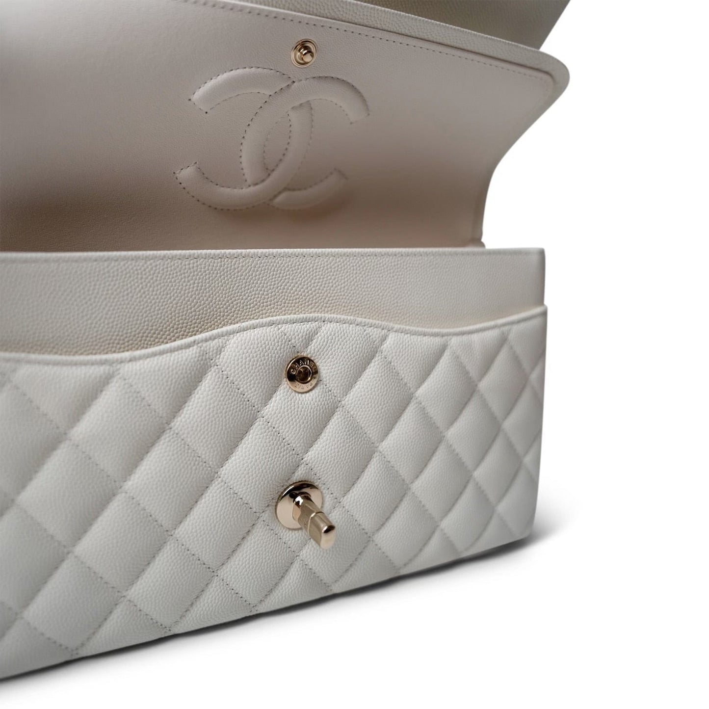 Ivory Caviar Quilted Classic Flap Medium Light Gold Hardware