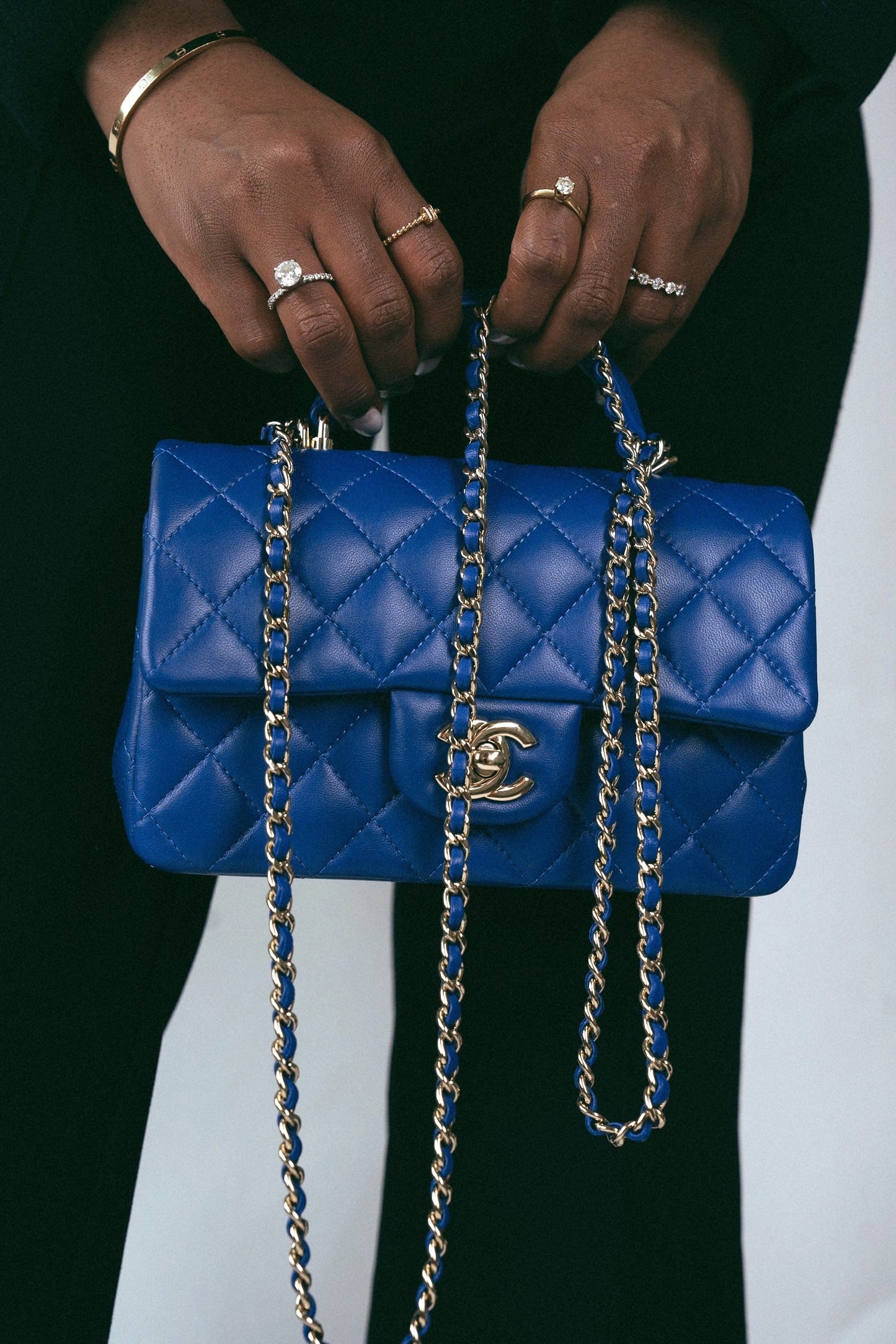 Blue Lambskin Quilted Mini Top Handle Light Gold Hardware