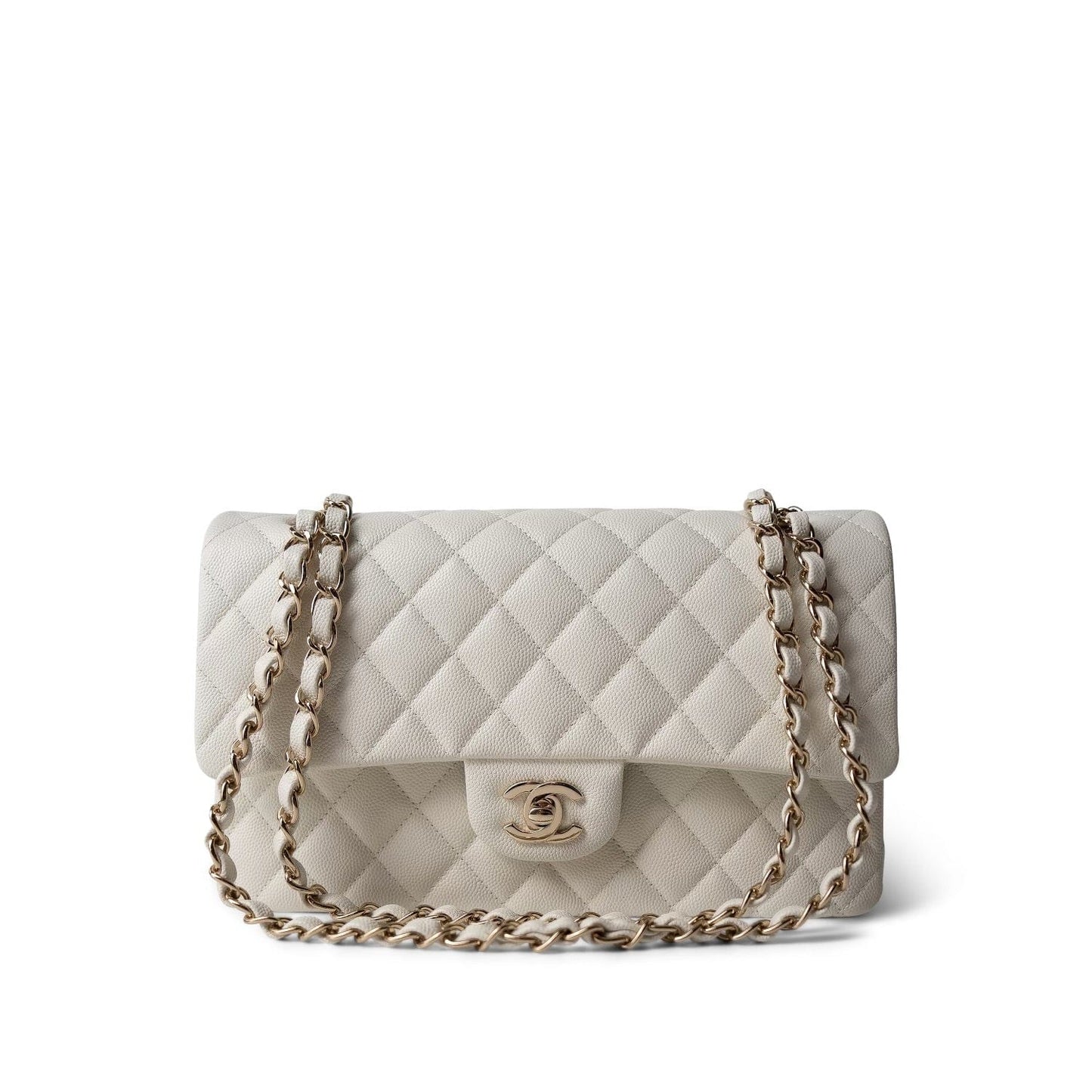 Ivory Caviar Quilted Classic Flap Medium Light Gold Hardware