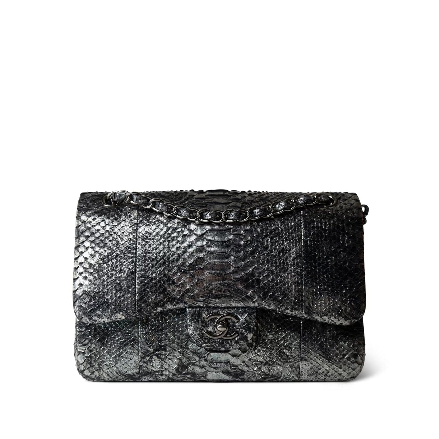 Black Silver Metallic Python Jumbo Double Flap