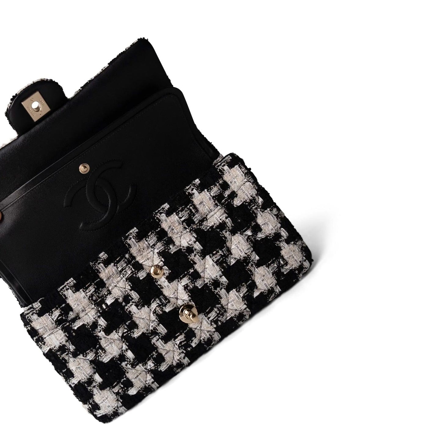 20S Black White Ecru Houndstooth Tweed Quilted Classic Flap Medium Light Gold Hardware