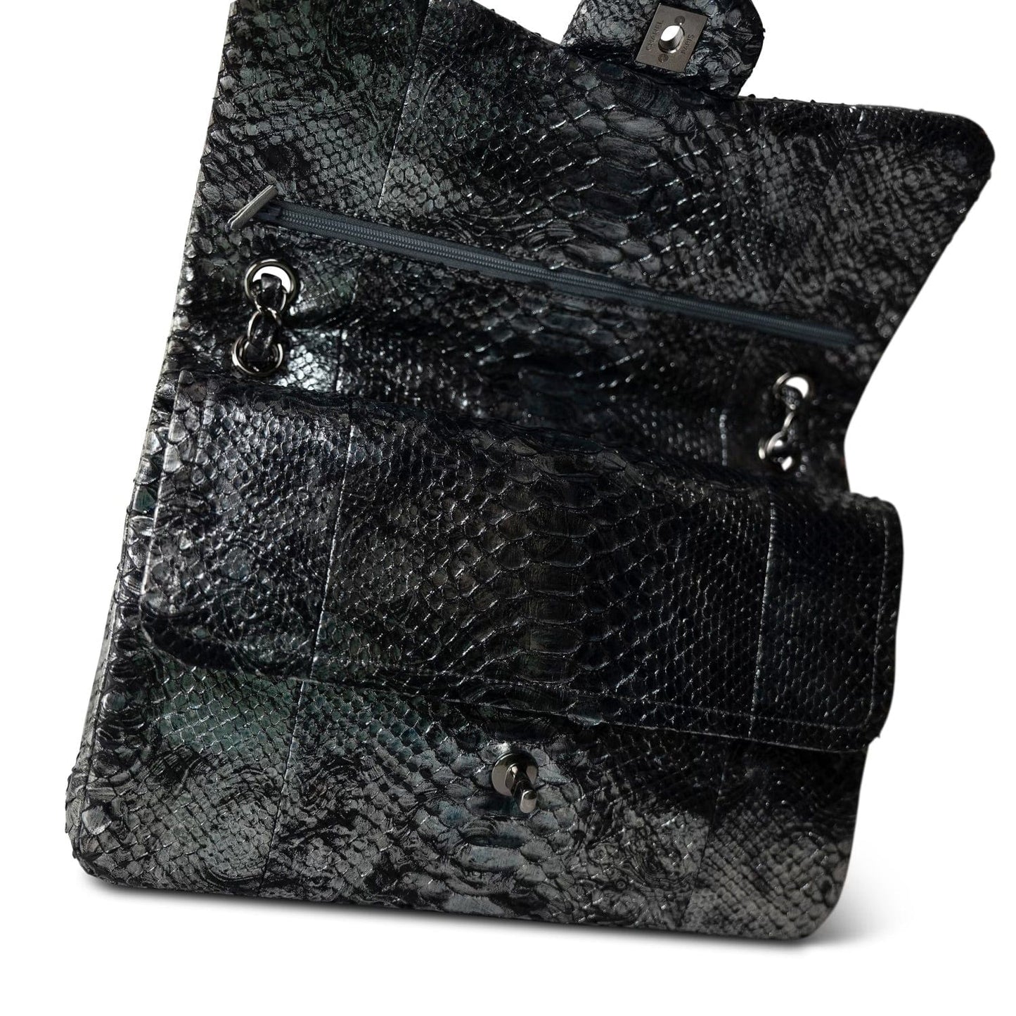 Black Silver Metallic Python Jumbo Double Flap