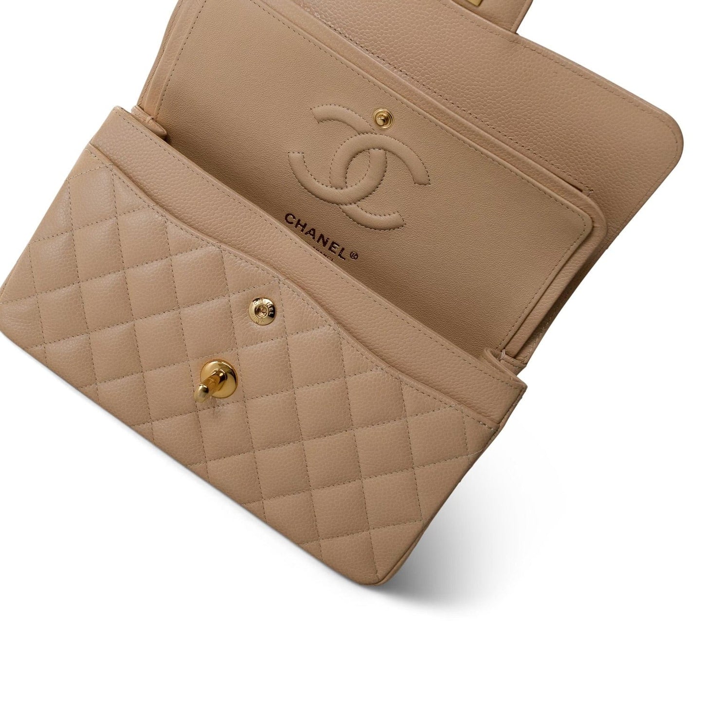 Beige Clair Caviar Quilted Small Classic Flap Gold Hardware