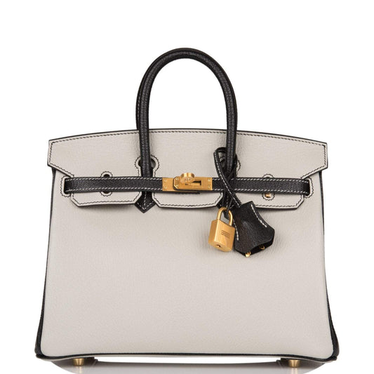 Birkin 25 Gray Perle and Black Chèvre Brushed Gold Hardware