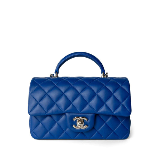 Blue Lambskin Quilted Mini Top Handle Light Gold Hardware