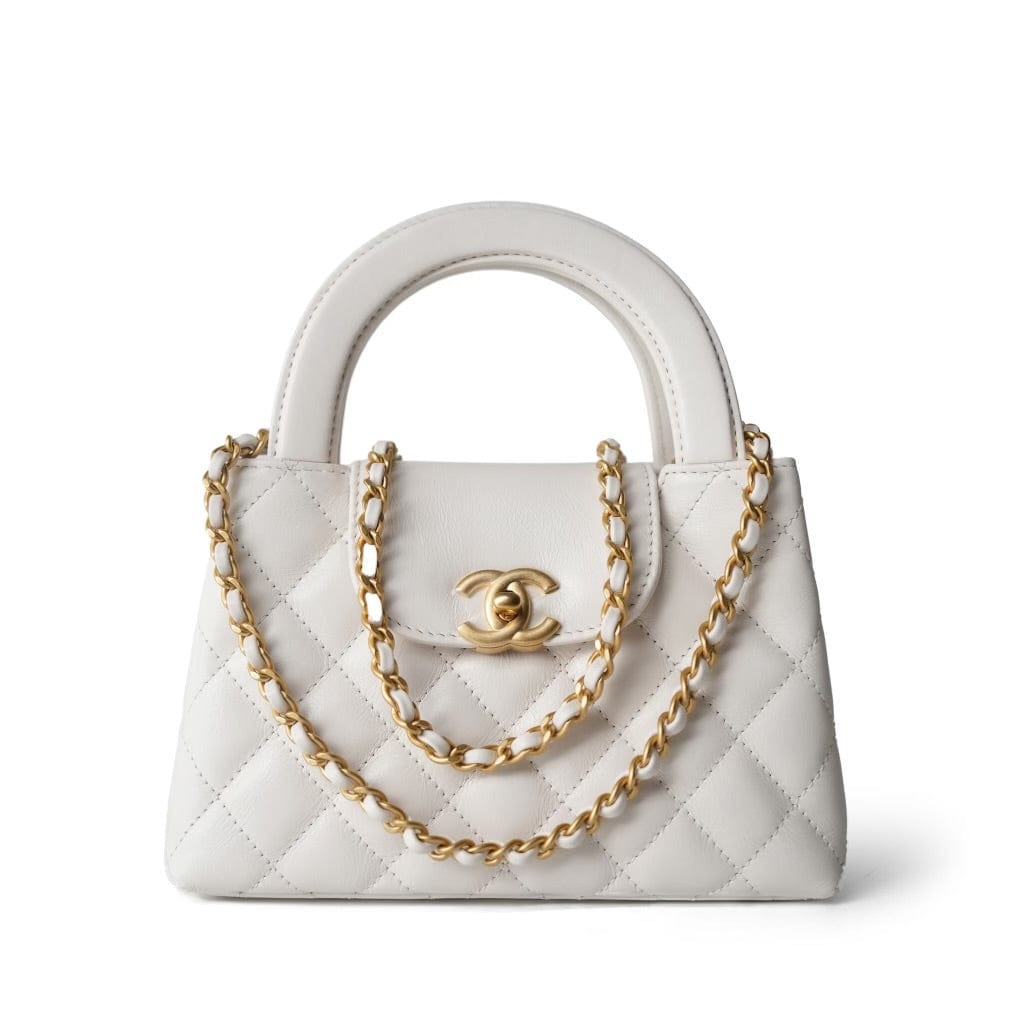 24P Shiny Aged Calfskin Quilted Nano Kelly Shopper White Aged Gold Hardware