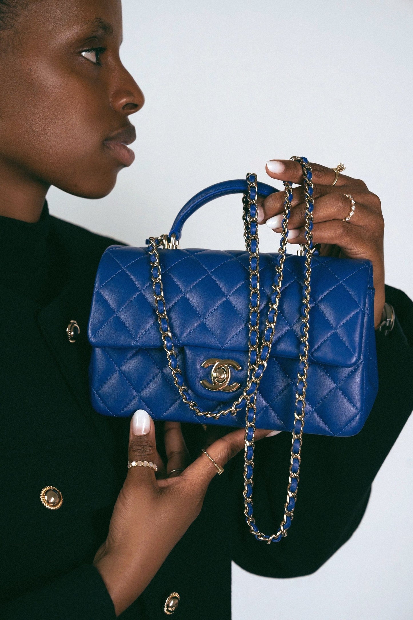 Blue Lambskin Quilted Mini Top Handle Light Gold Hardware