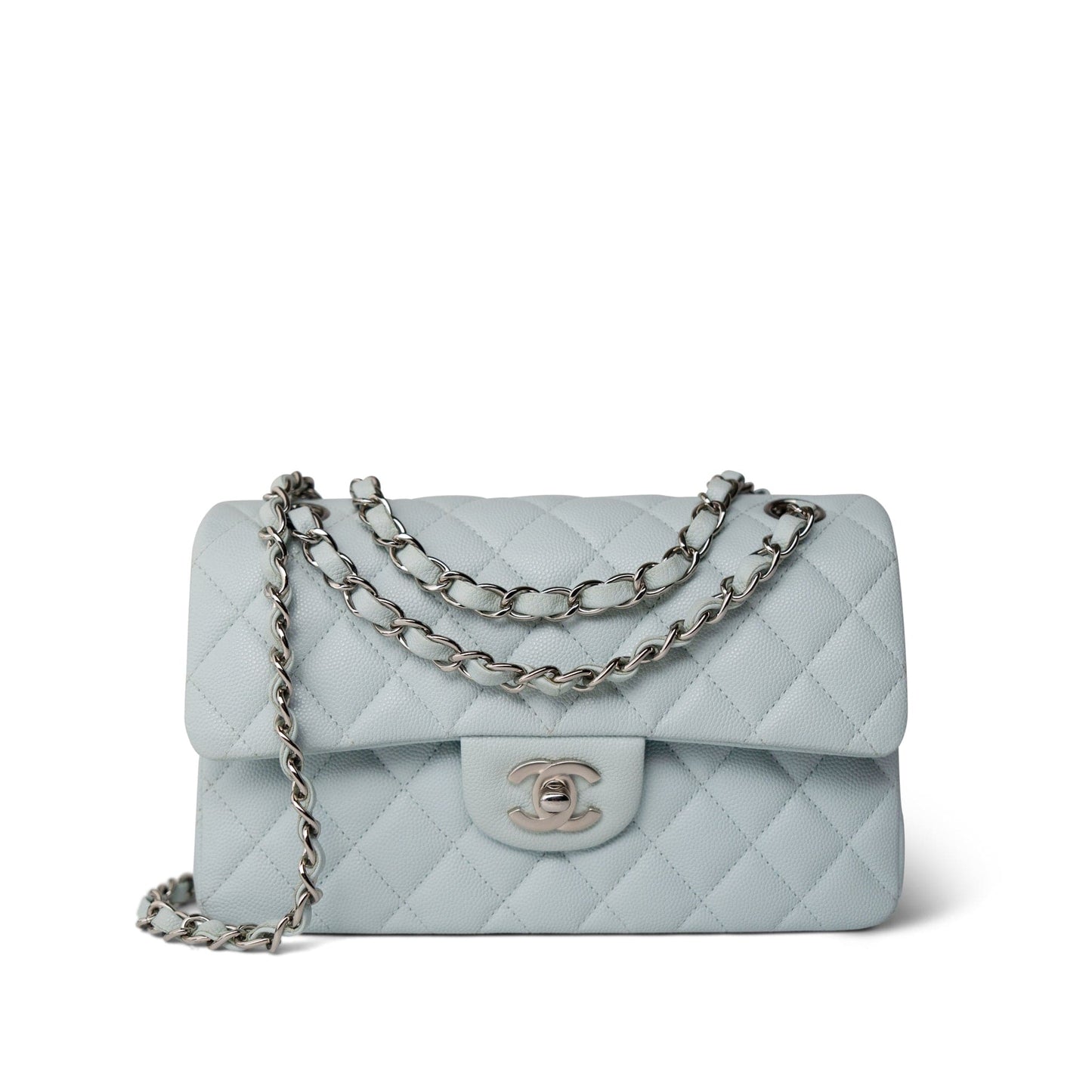 Light Blue Caviar Quilted Classic Flap Small Silver Hardware