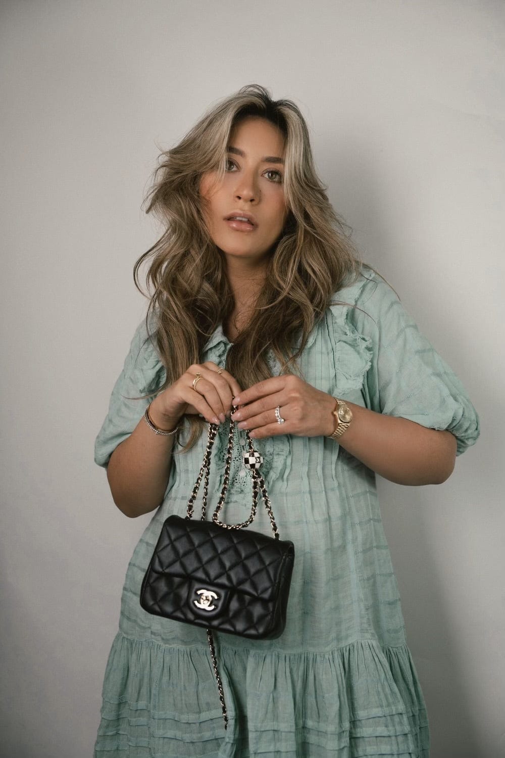 Black Lambskin Quilted Pearl Crush Mini Square Flap Light Gold Hardware