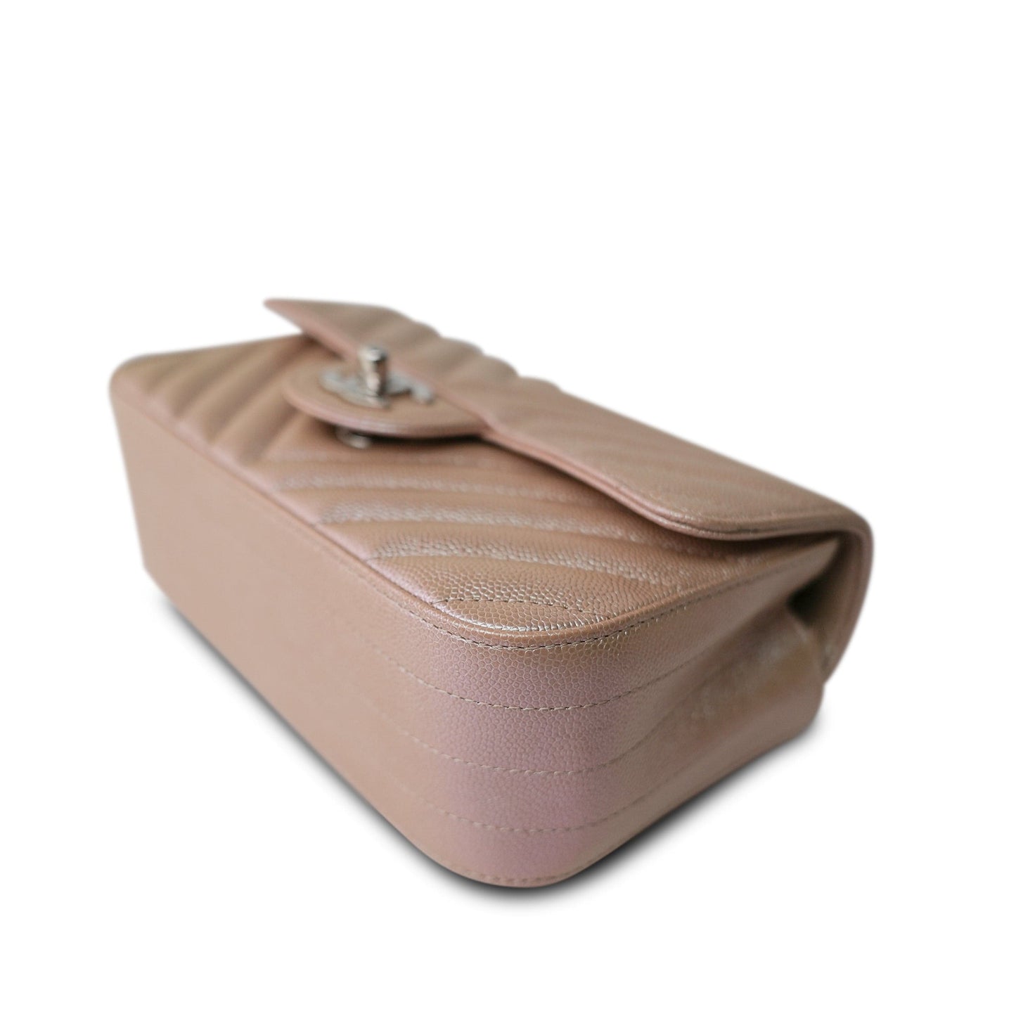17B Rose Gold Iridescent Caviar Chevron Mini Rectangular Flap Silver Hardware