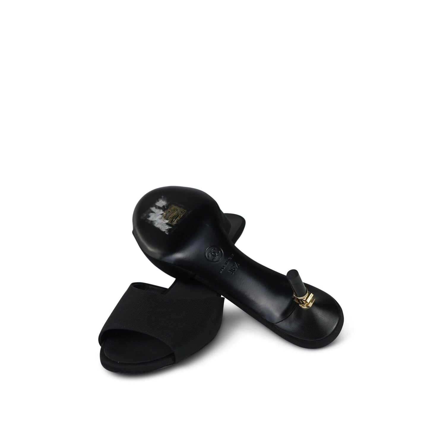 18P Black Grosgrain/Lambskin Interlocking CC Logo Mules Size 36.5