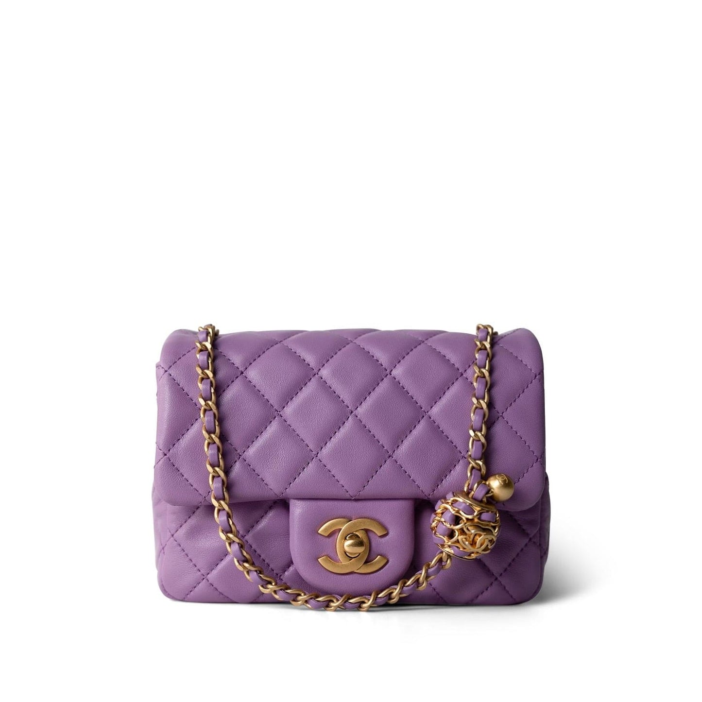 22S Purple Lambskin Quilted Pearl Crush Mini Square Aged Gold Hardware