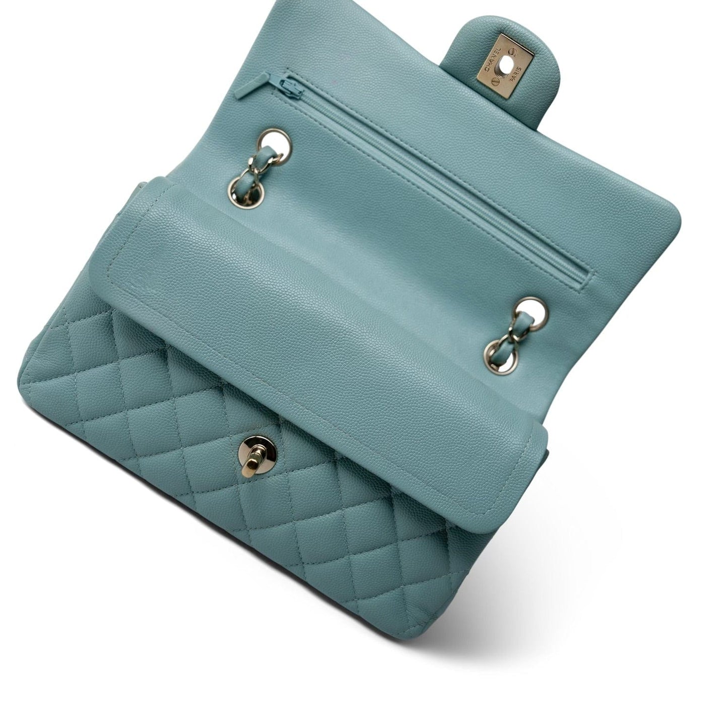 20c Tiffany Blue Caviar Quilted Classic Flap Small Light Gold Hardware