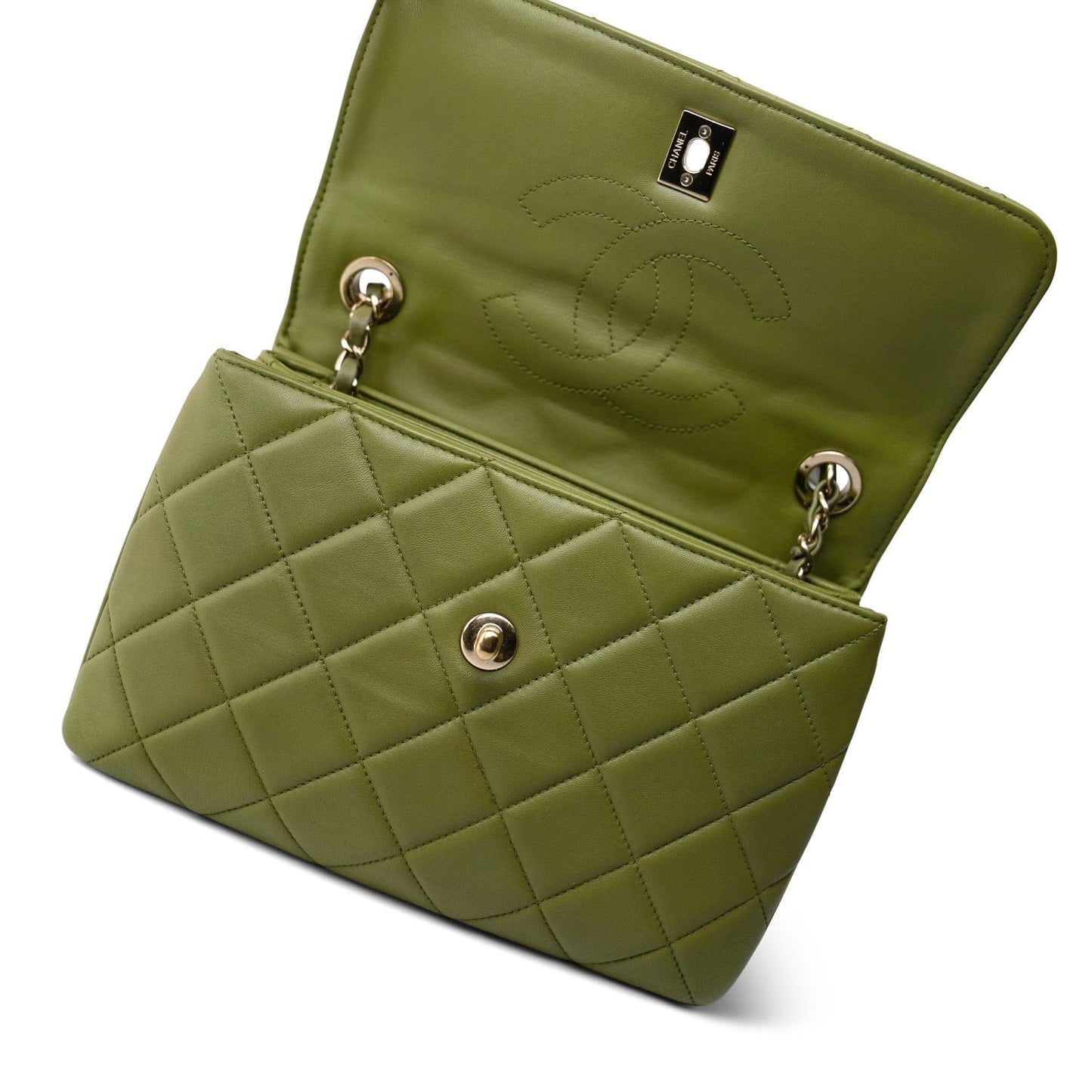 Dark Green Lambskin Quilted Trendy CC Small Light Gold Hardware